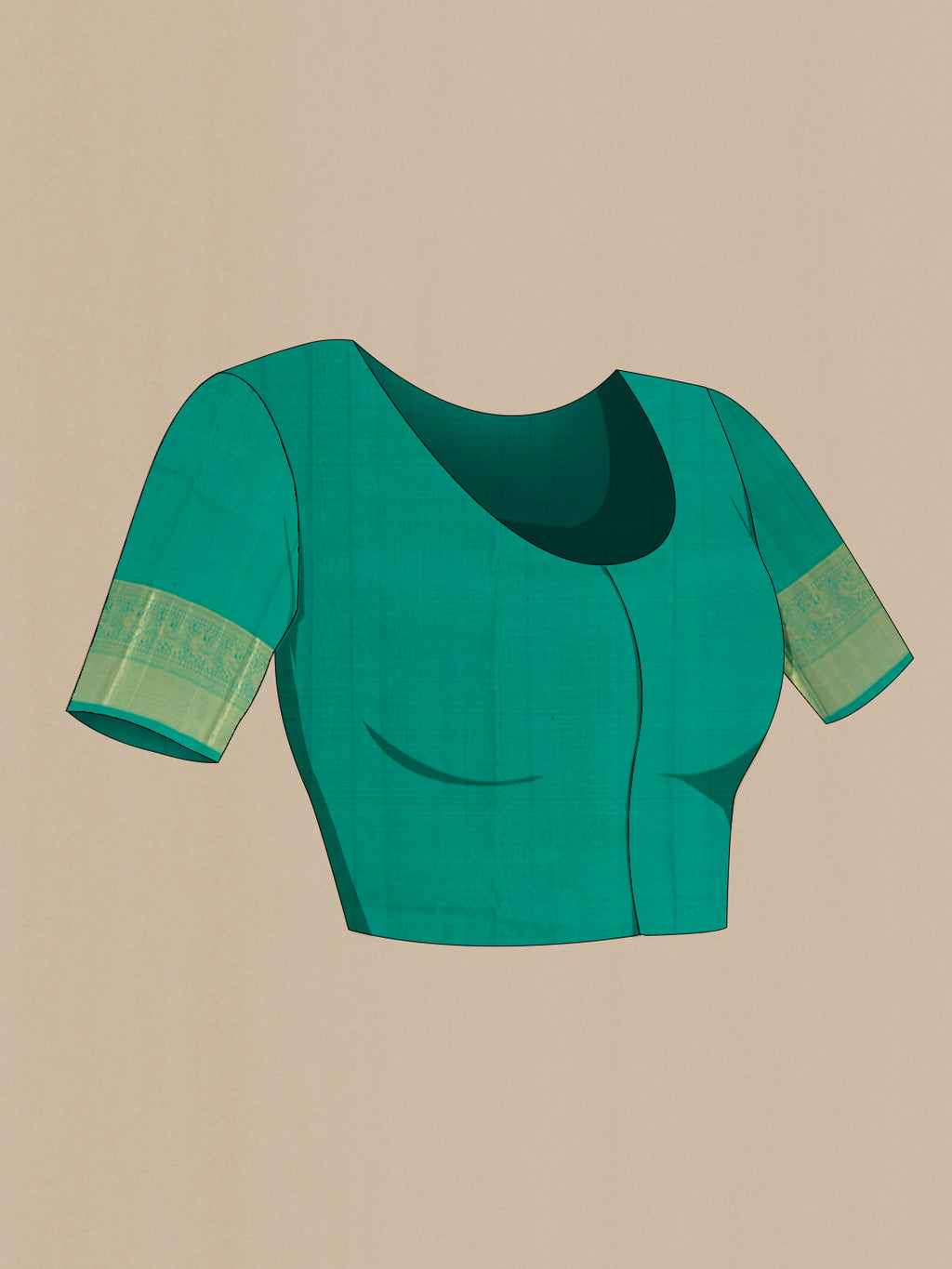 Close up image of the blouse of Sea Green Kanchipuram Silk Saree with Zari Butta on the body and Zari Border. 