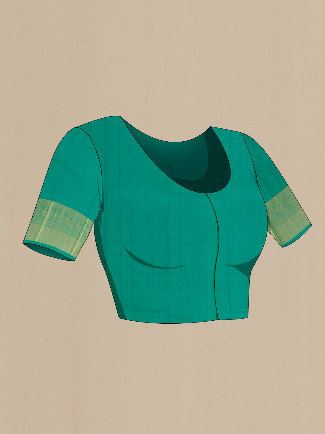 Close up image of the blouse of Sea Green Kanchipuram Silk Saree with Zari Butta on the body and Zari Border. 