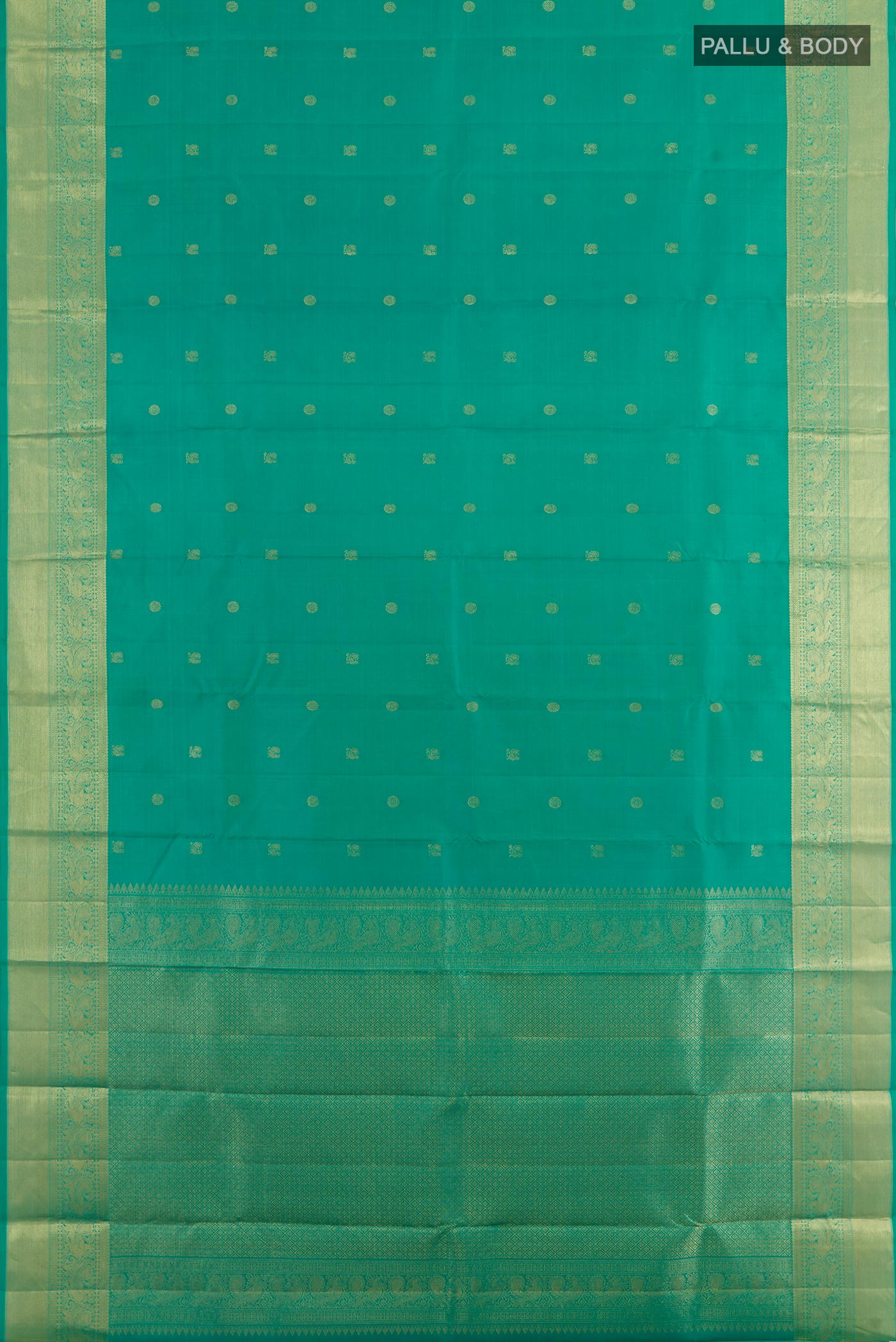 Flat view of Sea Green Kanchipuram Silk Saree with Zari Butta on the body and Zari Border. 