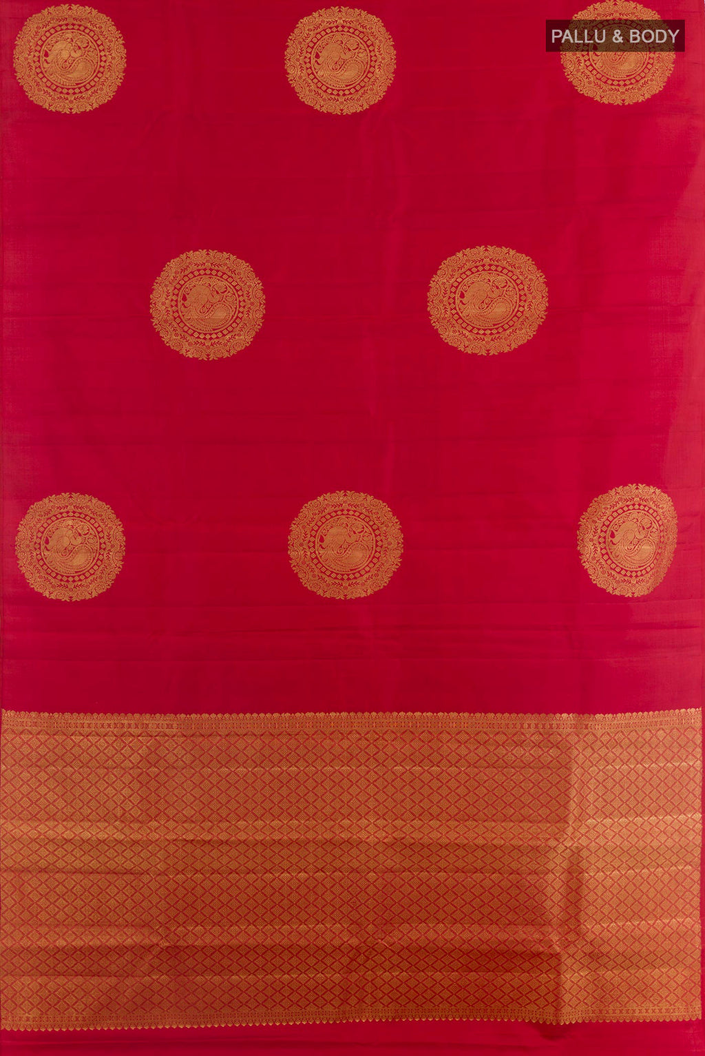 Flat view of Red Kanchipuram Silk Saree with Zari Butta on the body and Zari Border. 