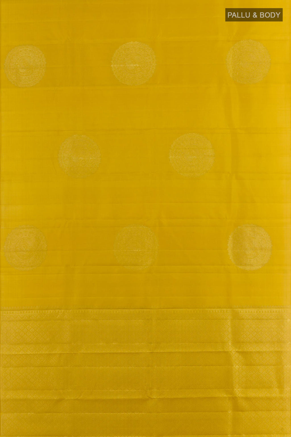 Flat view of Mustard Kanchipuram Silk Saree with Zari Butta on the body and Without Border. 