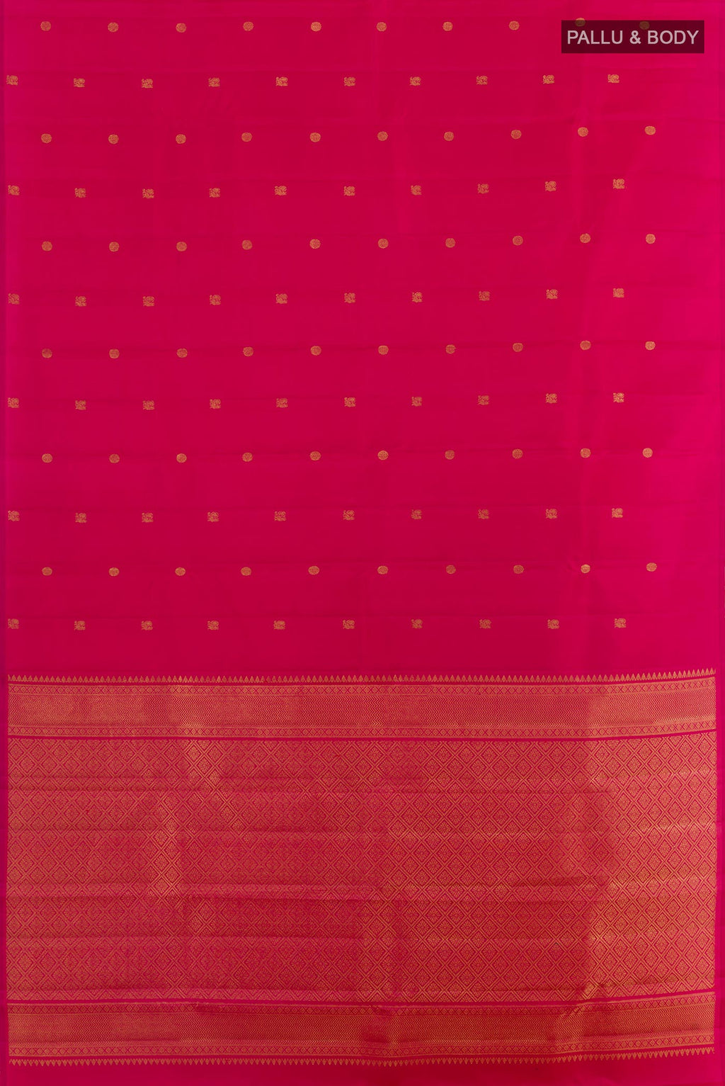 Flat view of Pink Kanchipuram Silk Saree with Zari Butta on the body and Zari Border. 