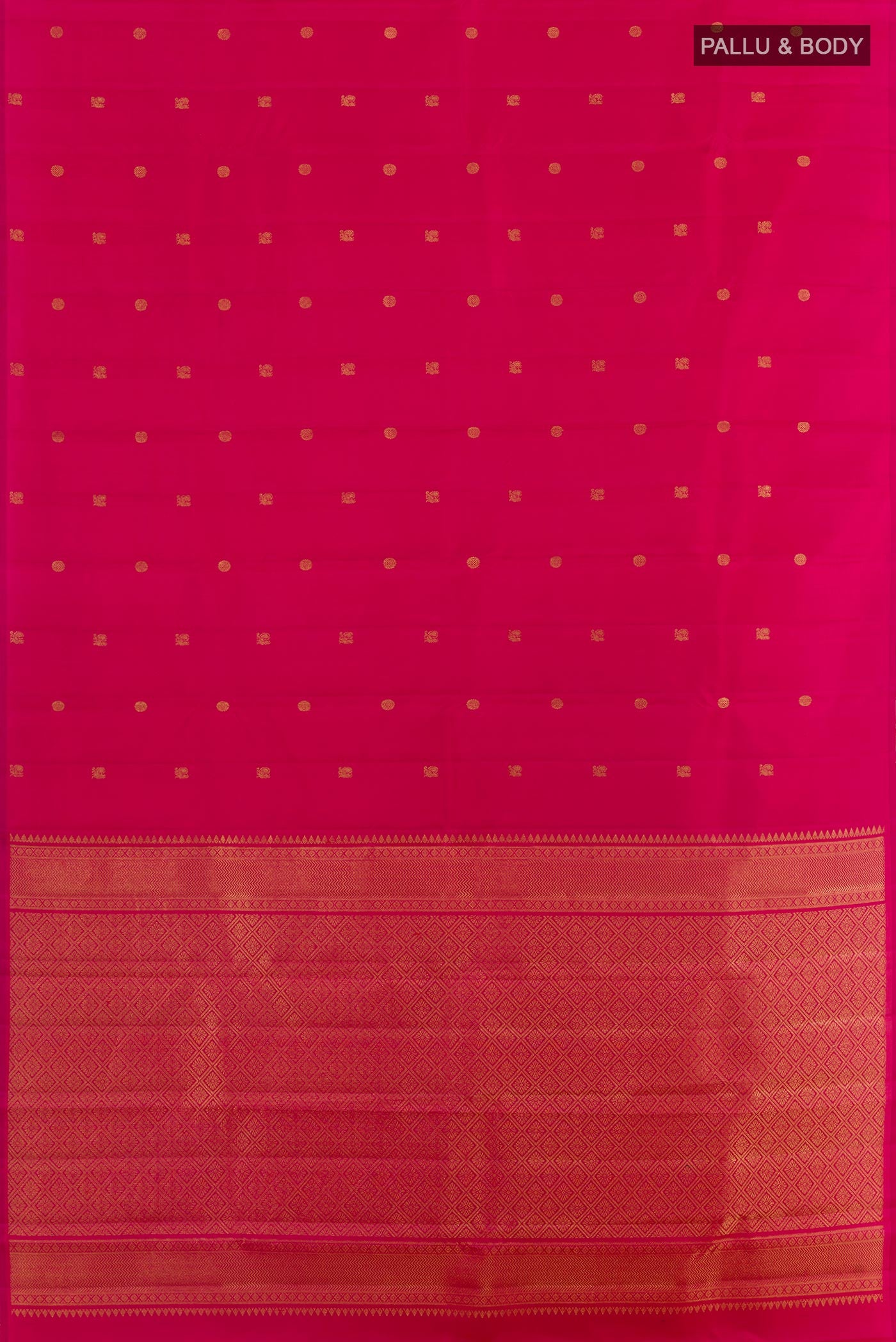 Flat view of Pink Kanchipuram Silk Saree with Zari Butta on the body and Zari Border. 