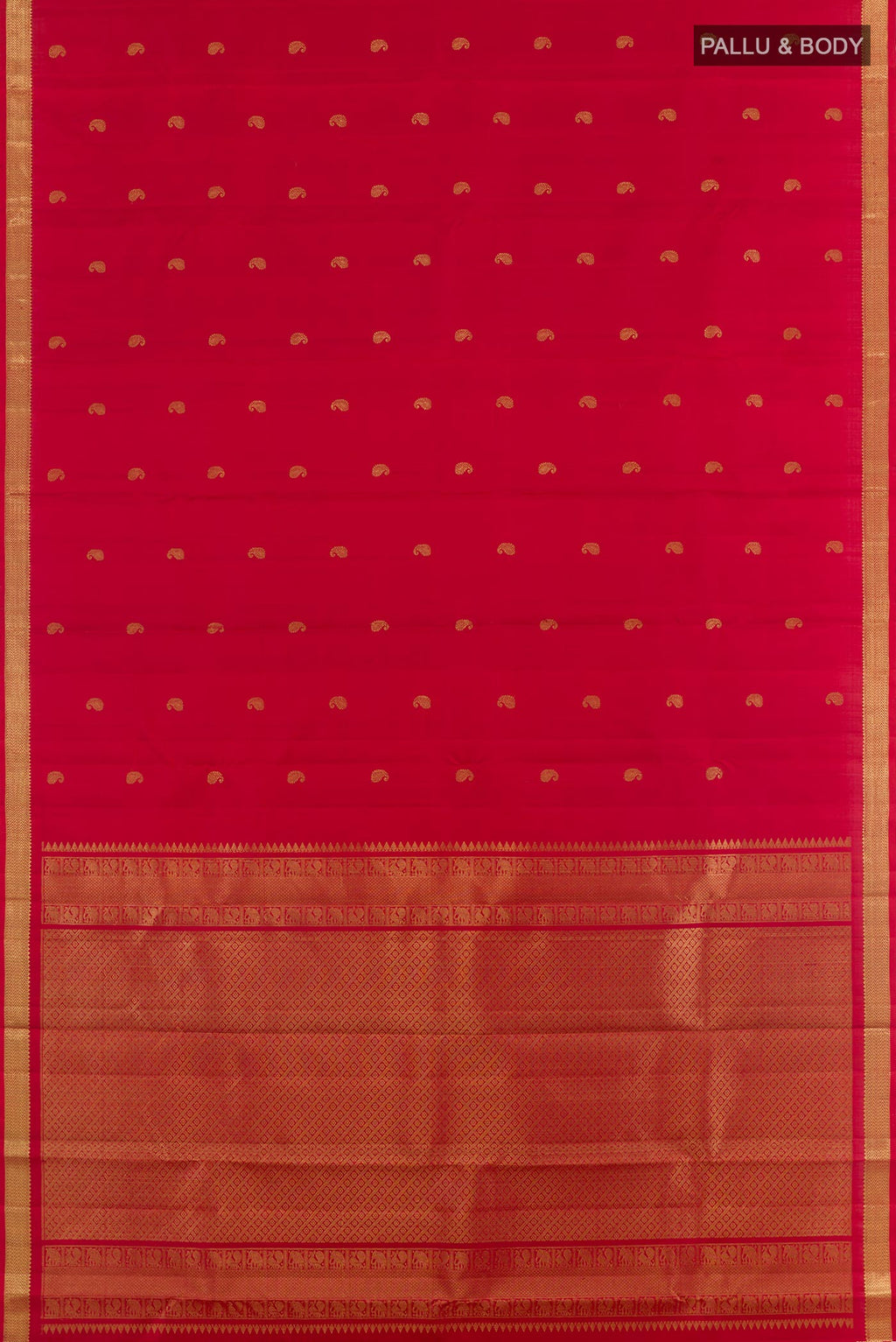 Flat view of Red Kanchipuram Silk Saree with Zari Butta on the body and Zari Border. 
