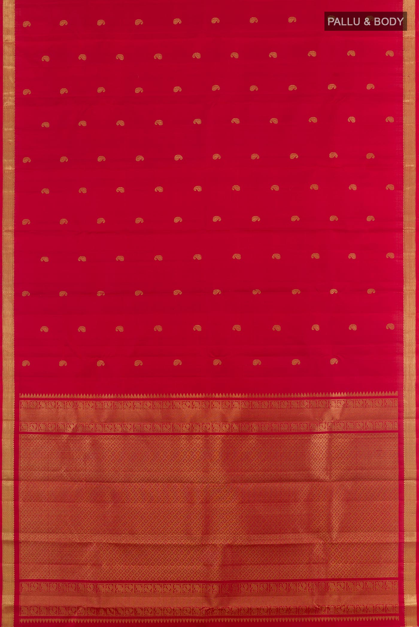 Flat view of Red Kanchipuram Silk Saree with Zari Butta on the body and Zari Border. 