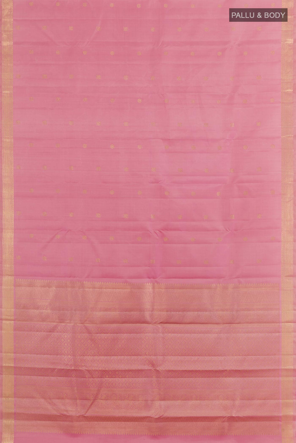 Flat view of Pink Kanchipuram Silk Saree with Zari Butta on the body and Zari Border. 