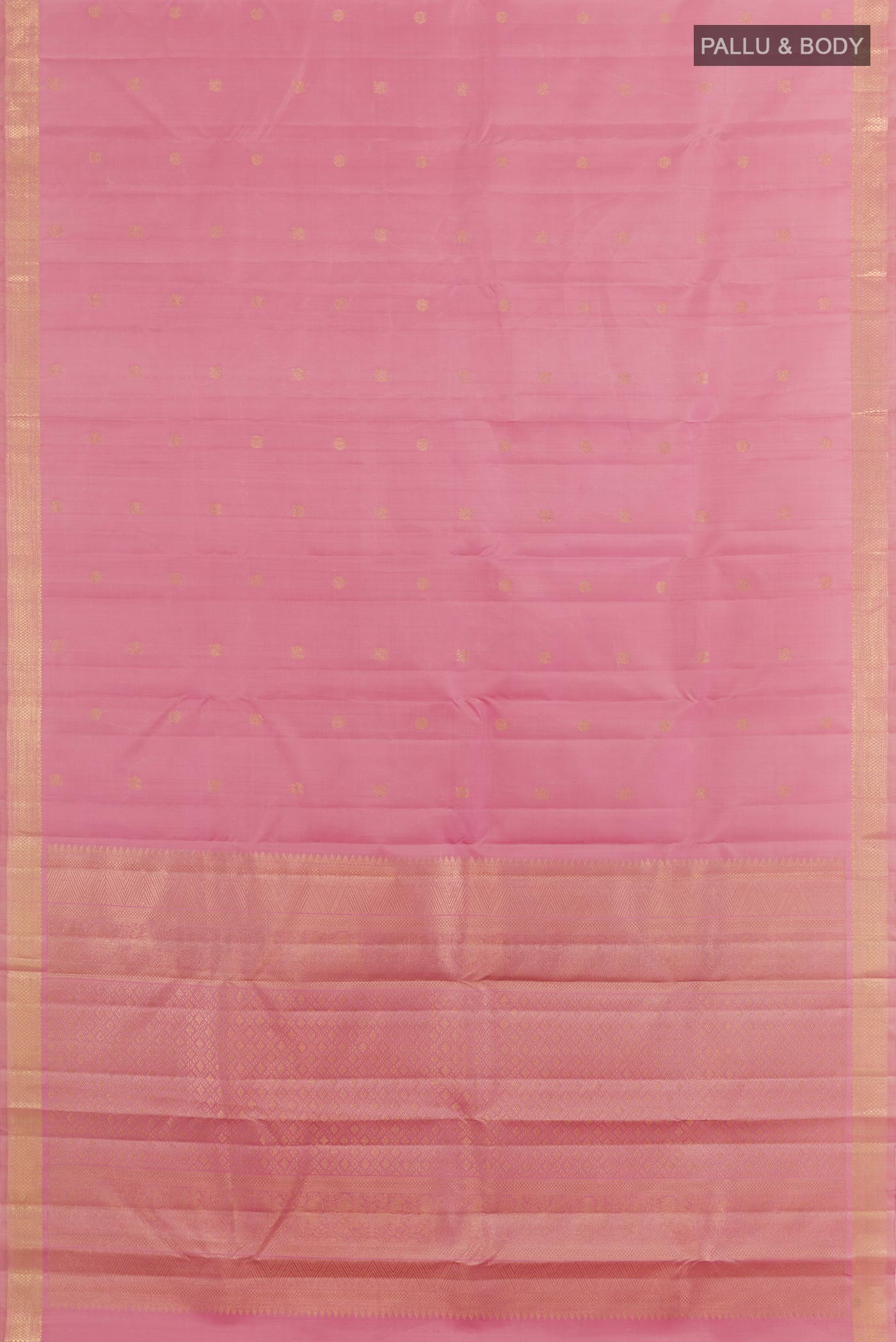 Flat view of Pink Kanchipuram Silk Saree with Zari Butta on the body and Zari Border. 