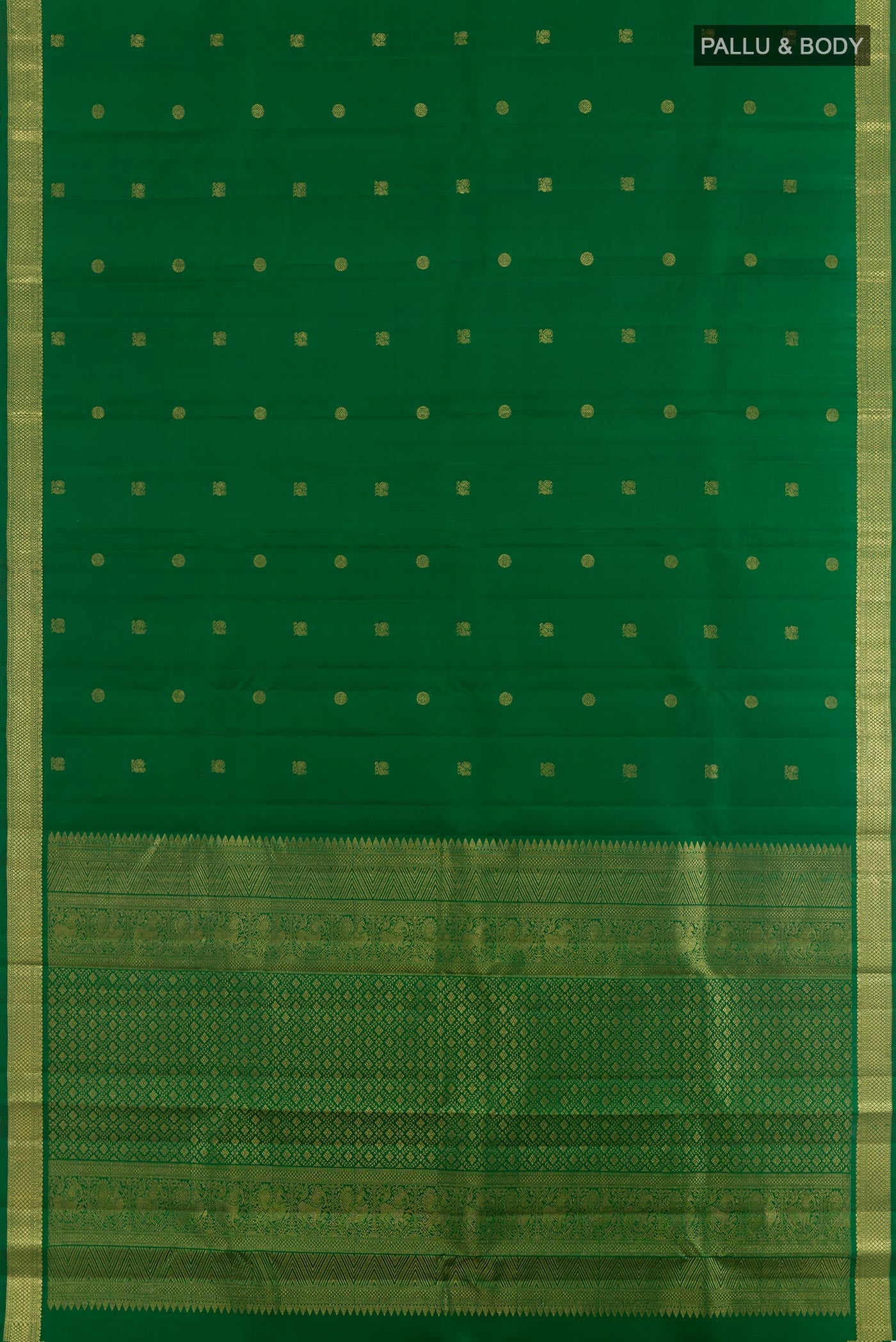 Flat view of Green Kanchipuram Silk Saree with Zari Butta on the body and Zari Border. 