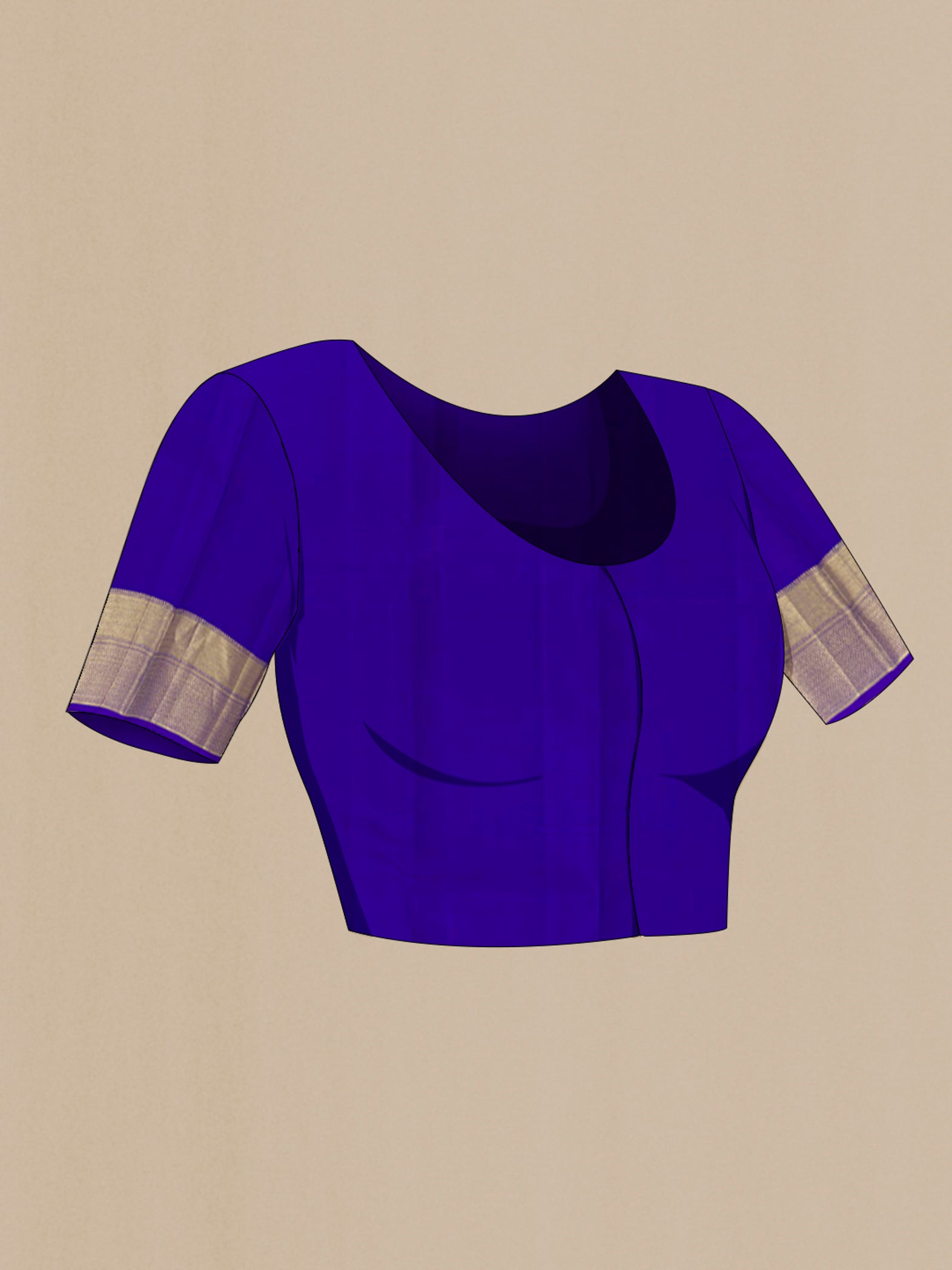 Close up image of the blouse of Blue Kanchipuram Silk Saree with Zari Butta on the body and Zari Border. 