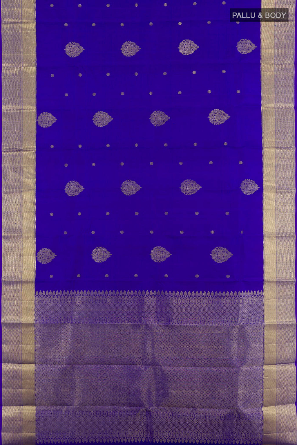 Flat view of Blue Kanchipuram Silk Saree with Zari Butta on the body and Zari Border. 
