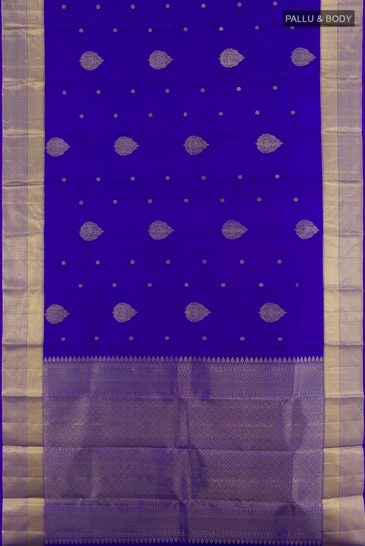 Flat view of Blue Kanchipuram Silk Saree with Zari Butta on the body and Zari Border. 