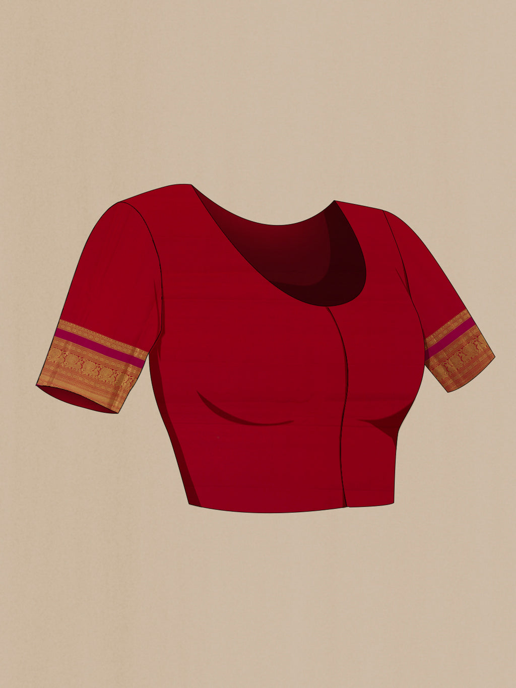Close up image of the blouse of Pure Silk Red Kanjivaram Saree with Checked design on the body and Zari Border. 