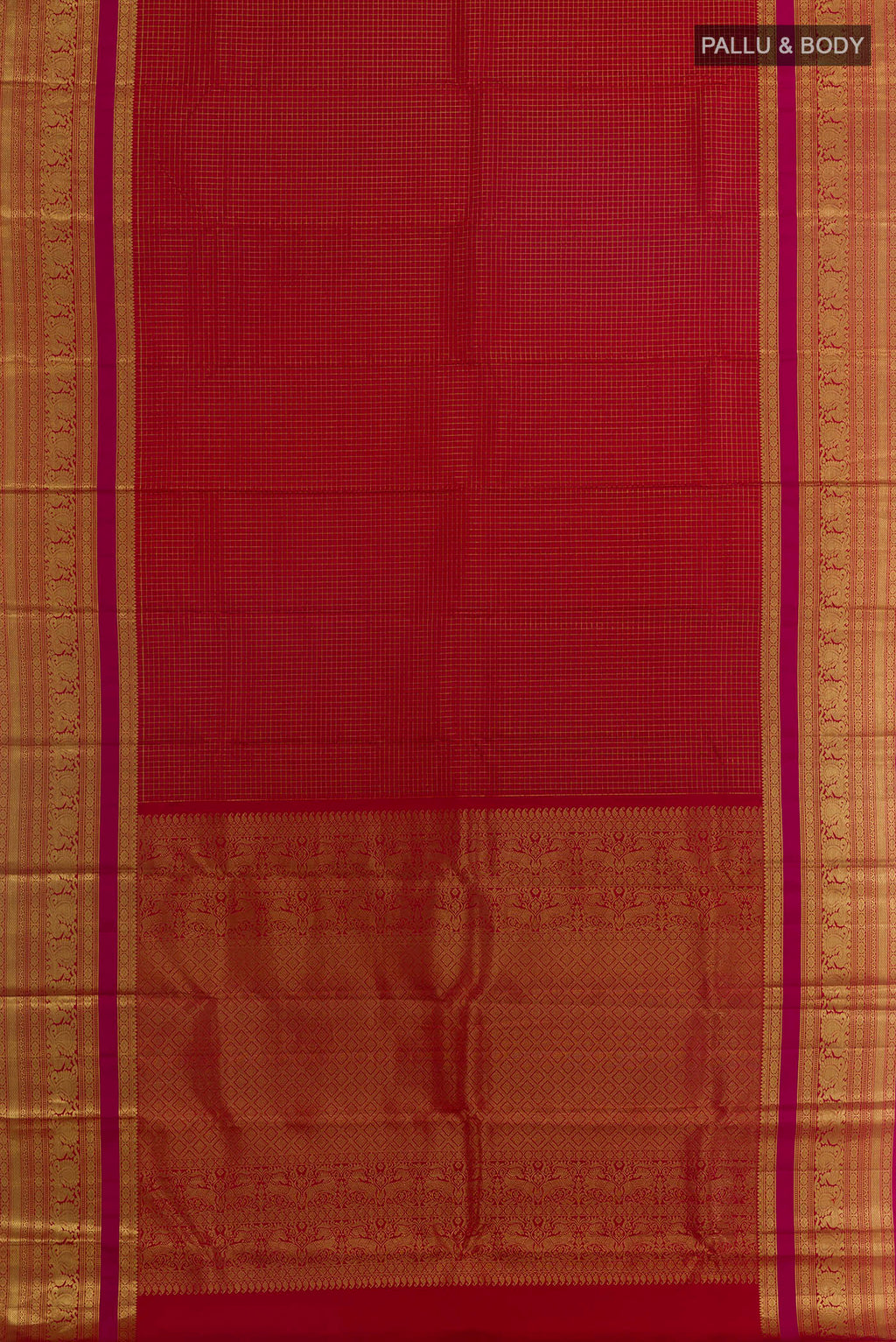 Flat view of Pure Silk Red Kanjivaram Saree with Checked design on the body and Zari Border. 