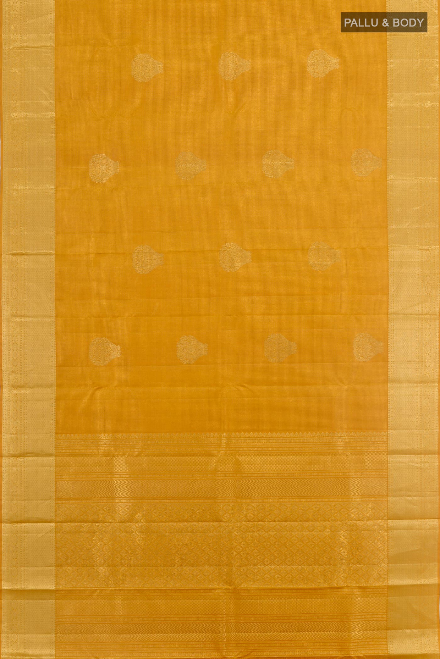 Flat view of Yellow Kanjivaram Silk Saree with Zari Brocade on the body and Zari Border. 