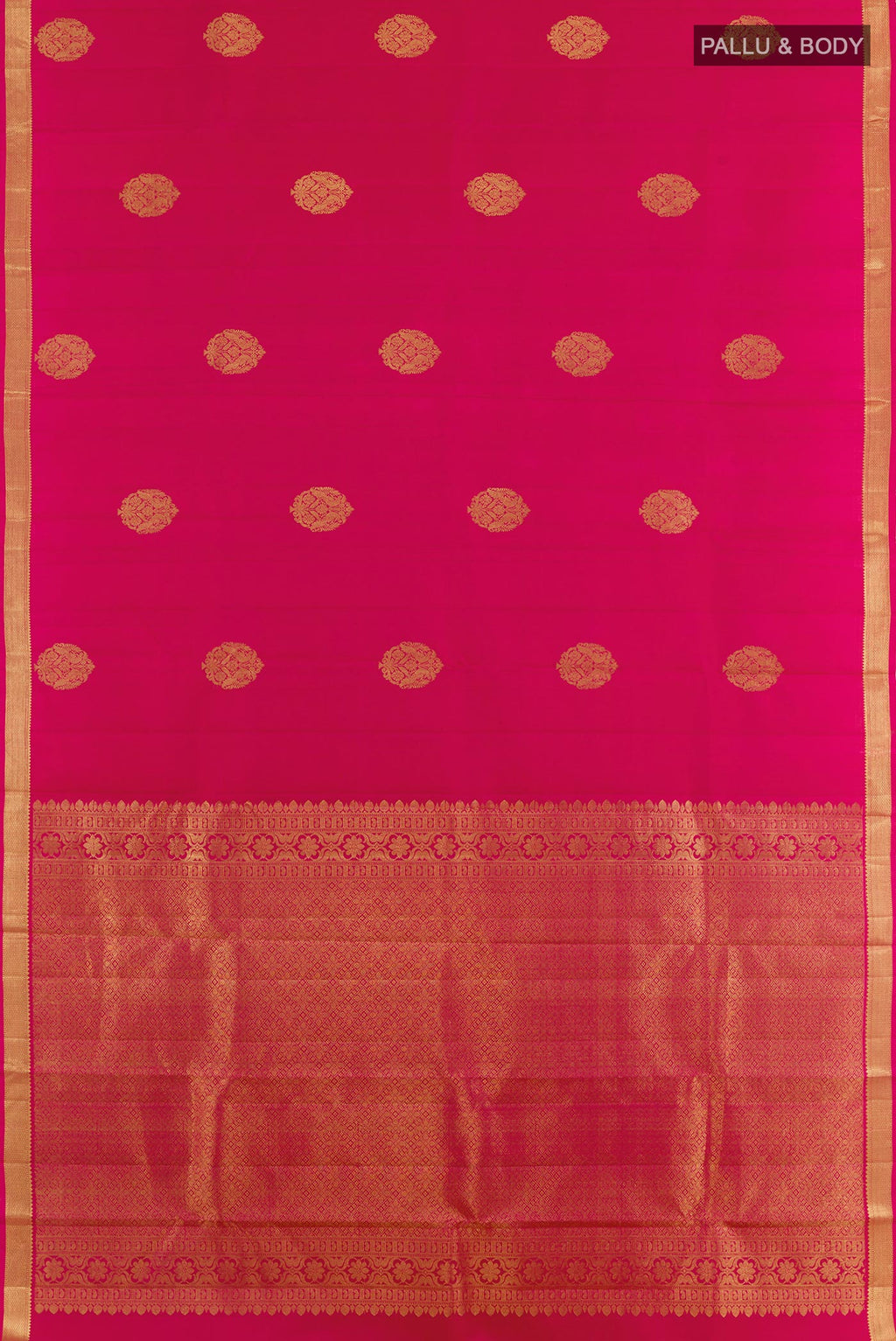 Flat view of Pink Kanchipuram Silk Saree with Zari Butta on the body and Zari Border. 
