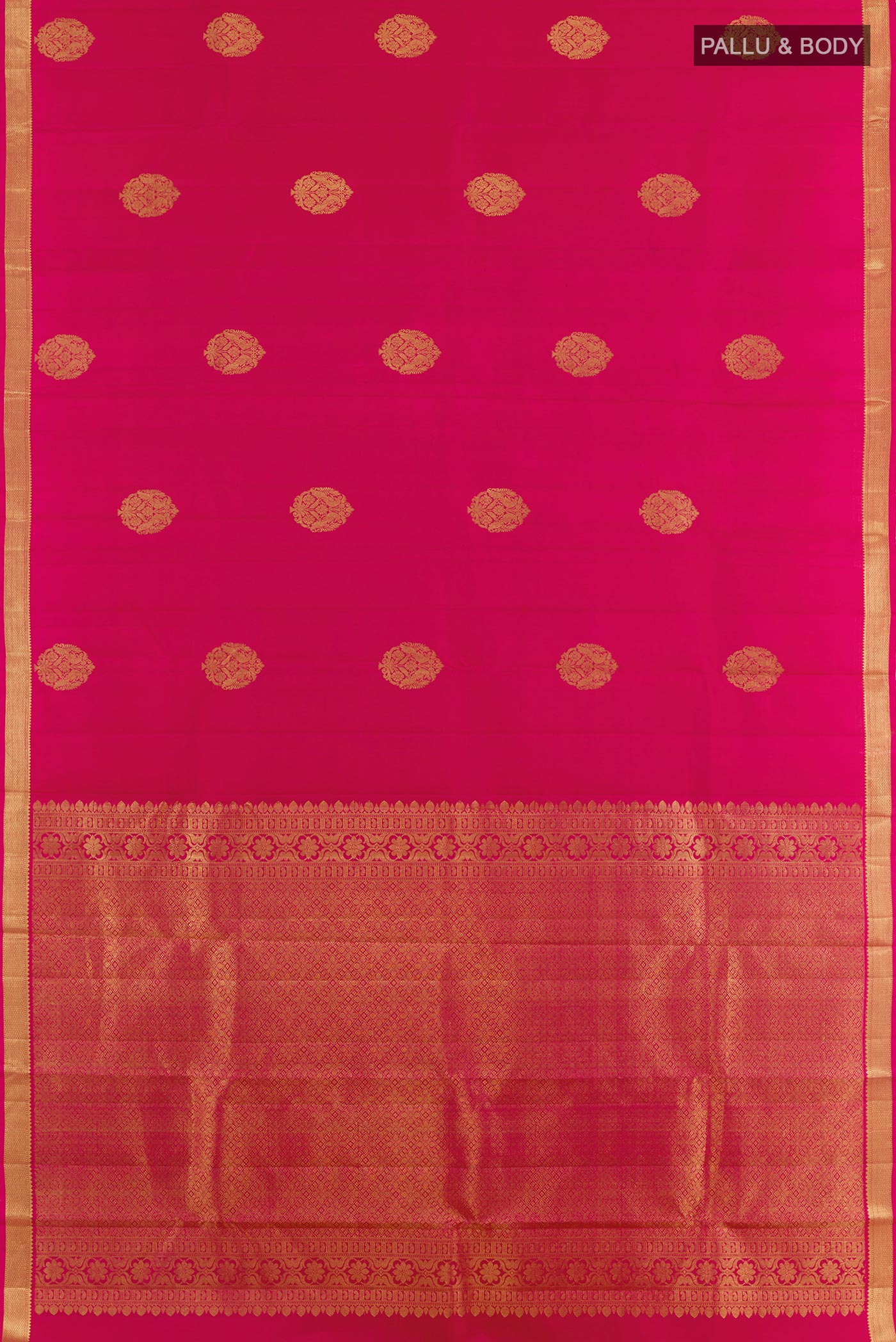 Flat view of Pink Kanchipuram Silk Saree with Zari Butta on the body and Zari Border. 