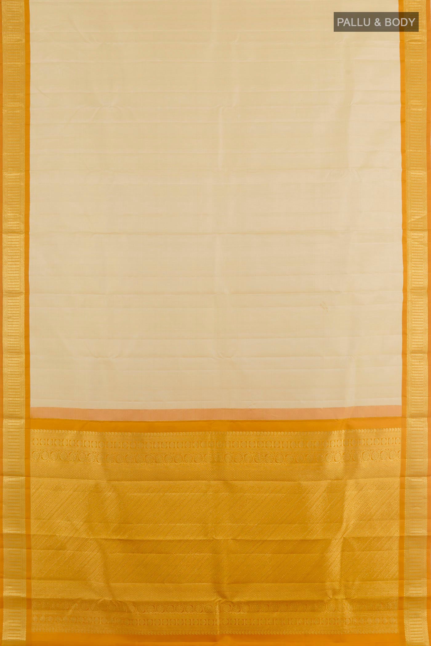 Flat view of Cream Kanjivaram Silk Saree with Plain Body and Zari Border. 