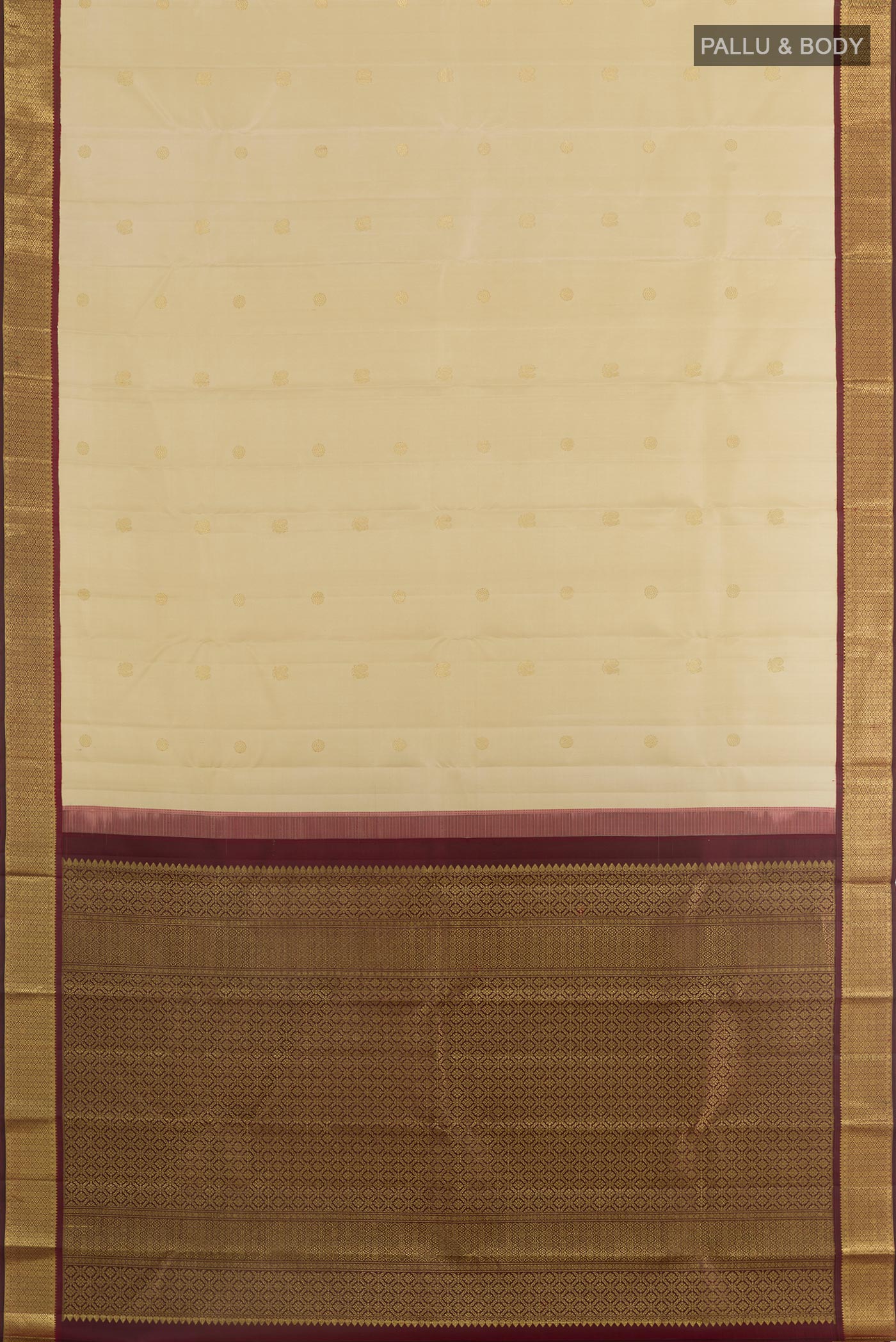 Flat view of Cream Kanjivaram Silk Saree with Zari Butta on the body and Zari Border. 