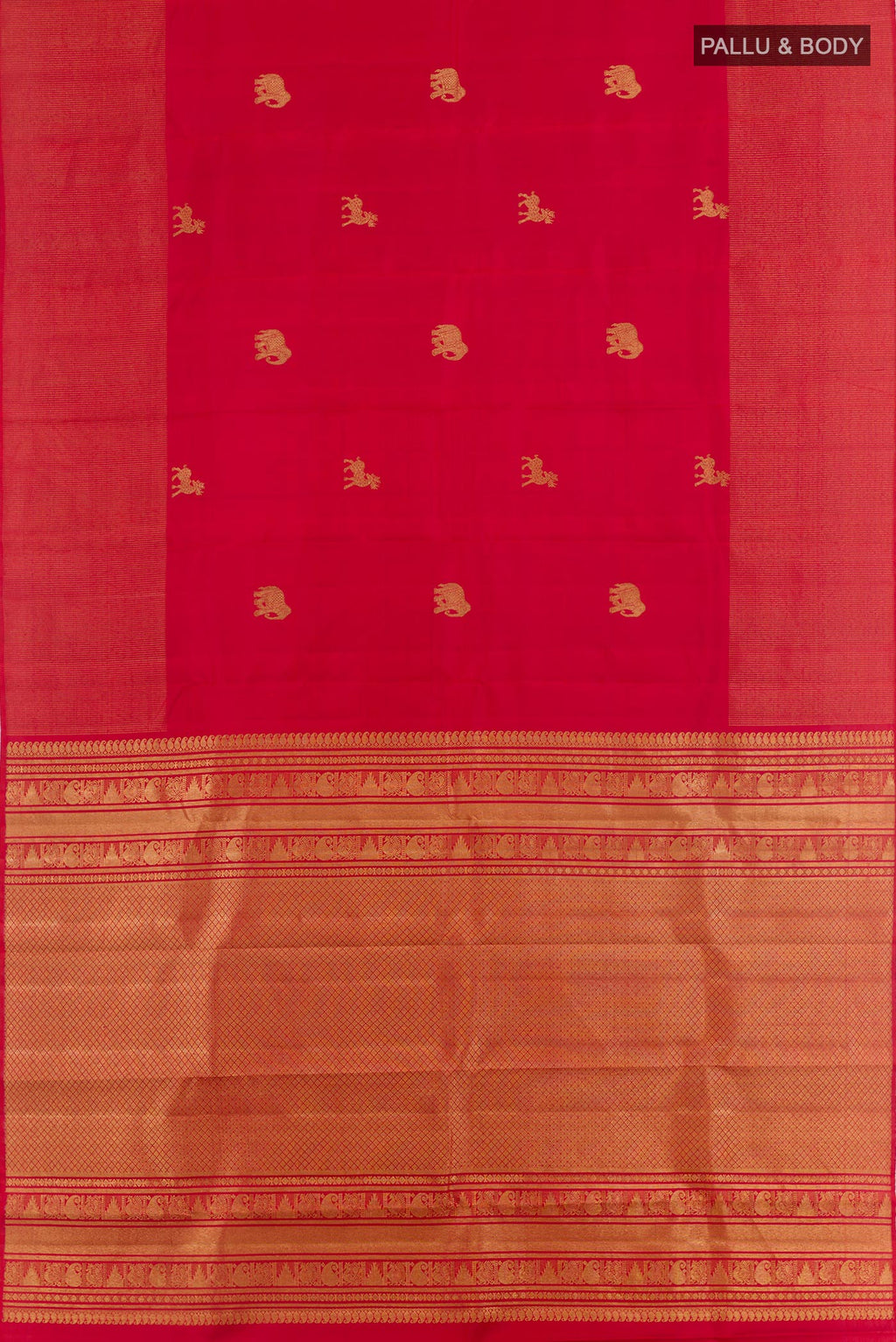Flat view of Red Kanjivaram Silk Saree with Zari Butta on the body and Zari Border. 