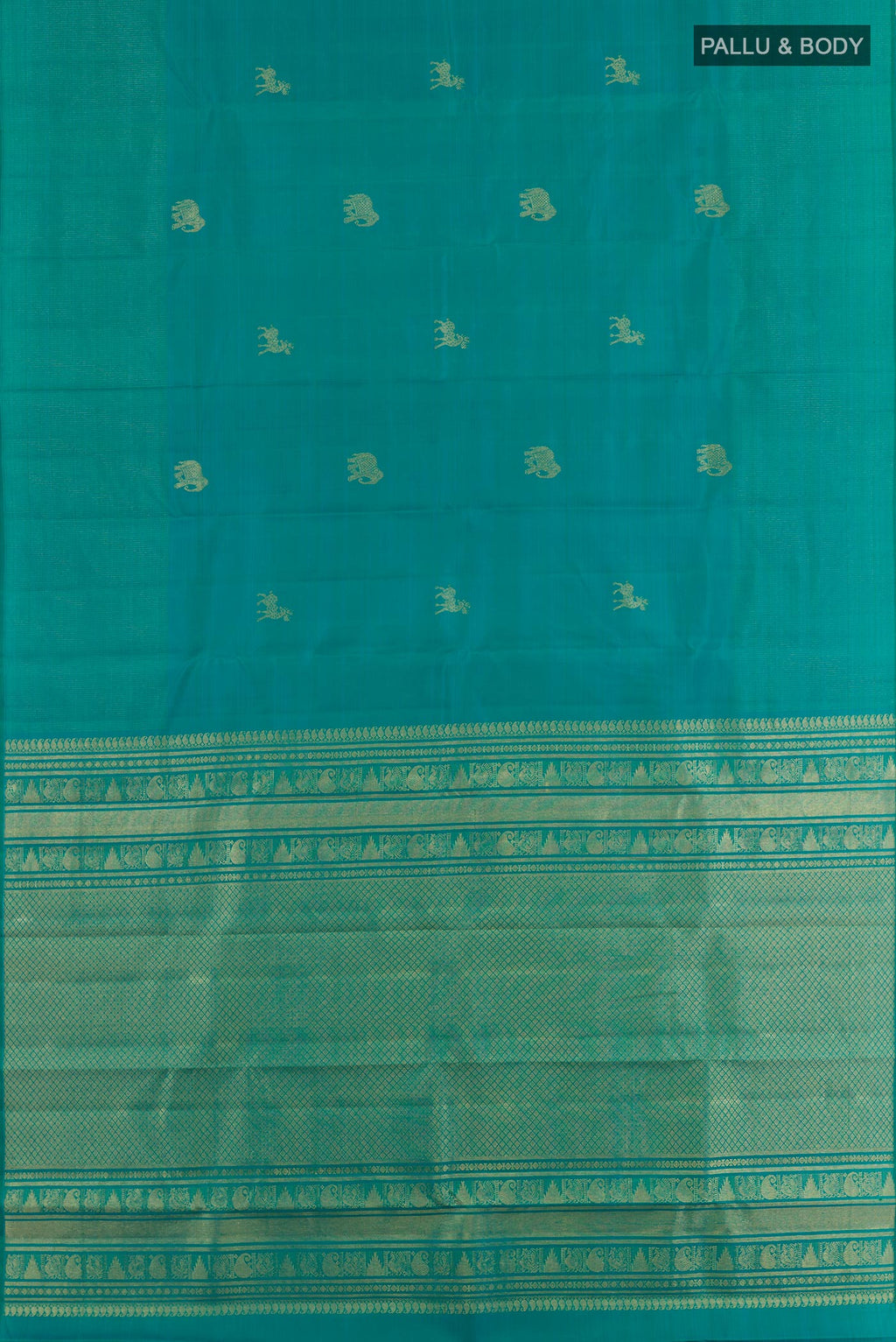 Flat view of Sea Green Kanjivaram Silk Saree with Zari Butta on the body and Zari Border. 