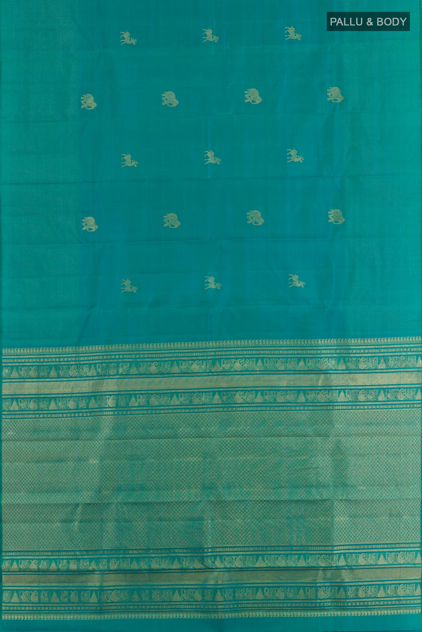 Flat view of Sea Green Kanjivaram Silk Saree with Zari Butta on the body and Zari Border. 