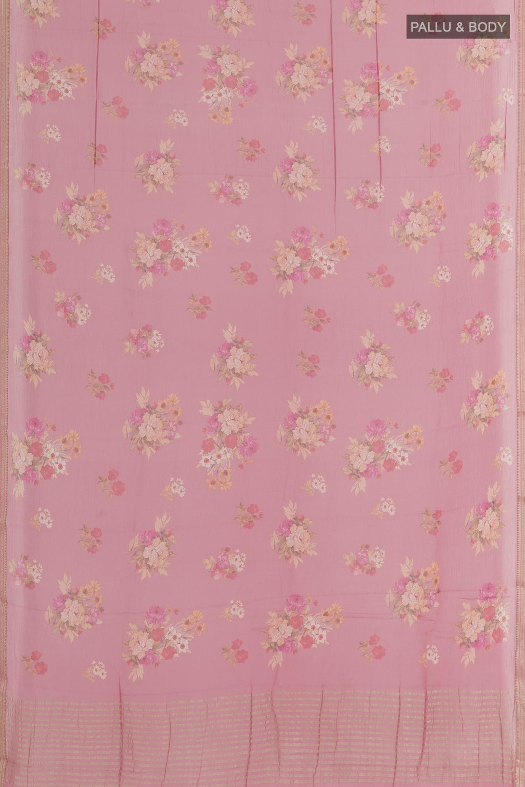Flat view of Pink Chiffon Saree with Printed design on the body and Plain Border. 