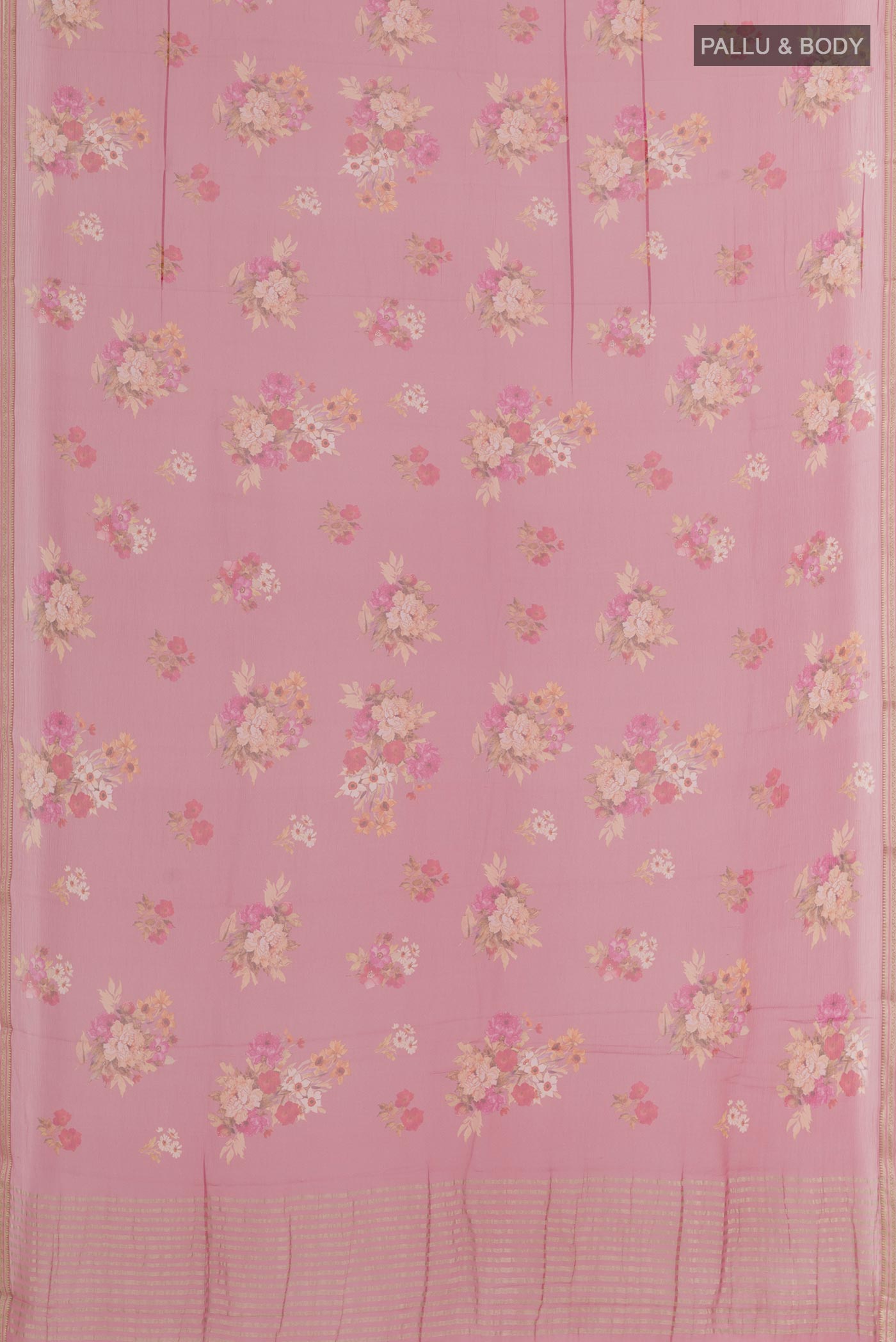 Flat view of Pink Chiffon Saree with Printed design on the body and Plain Border. 