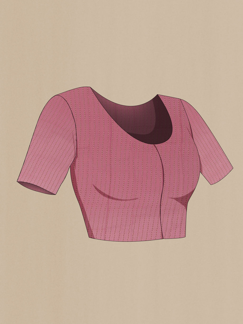 Close up image of the blouse of Pink Chiffon Saree with Stripes on the body and Zari Border. 