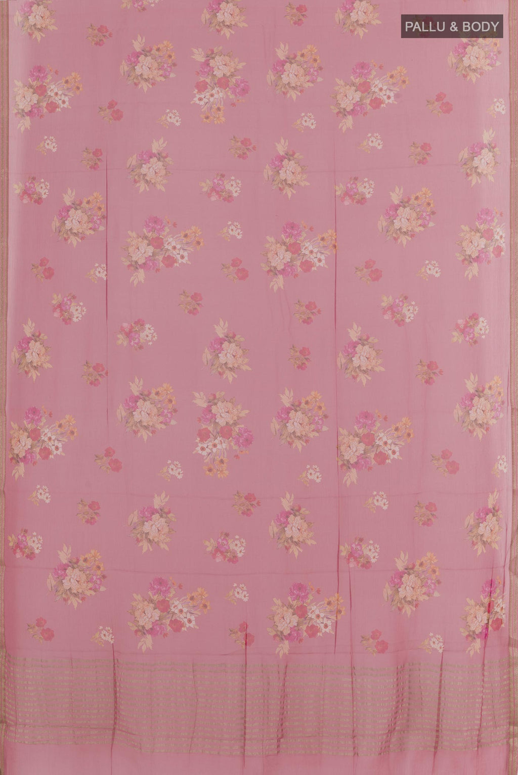 Flat view of Pink Chiffon Saree with Stripes on the body and Zari Border. 