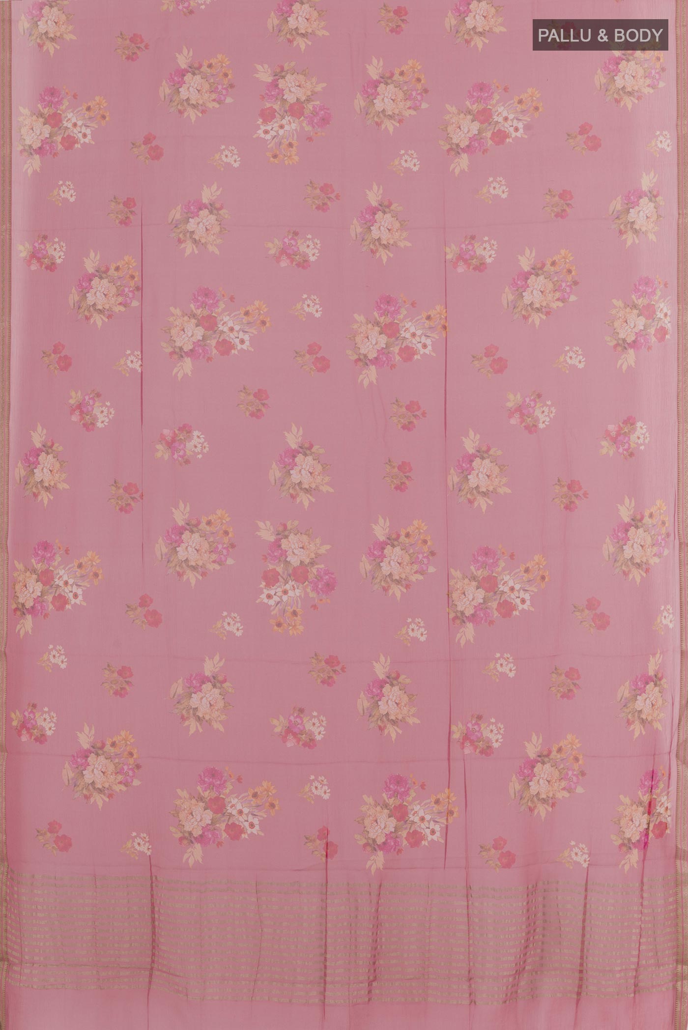 Flat view of Pink Chiffon Saree with Stripes on the body and Zari Border. 