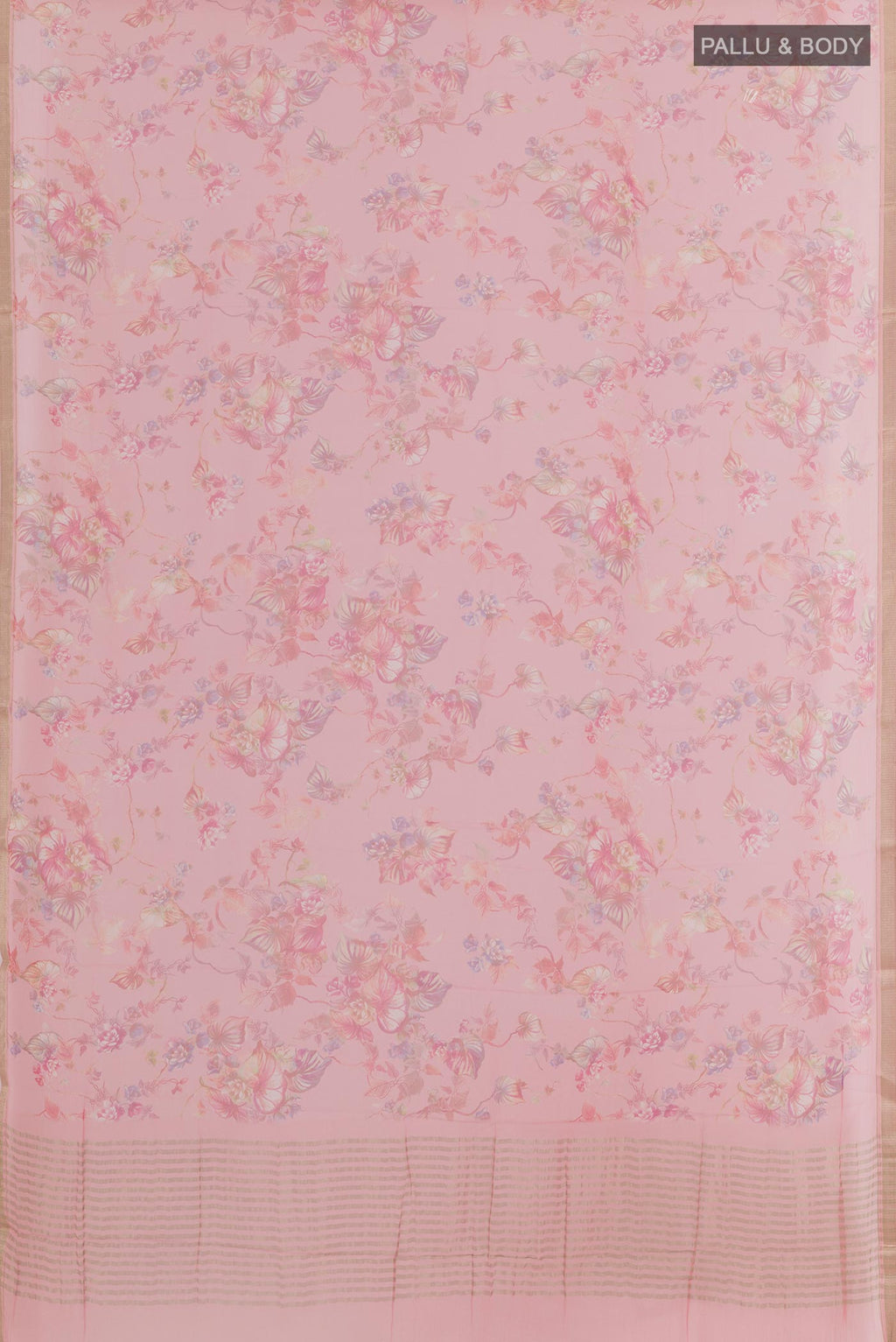 Flat view of Pink Chiffon Saree with Printed design on the body and Zari Border. 
