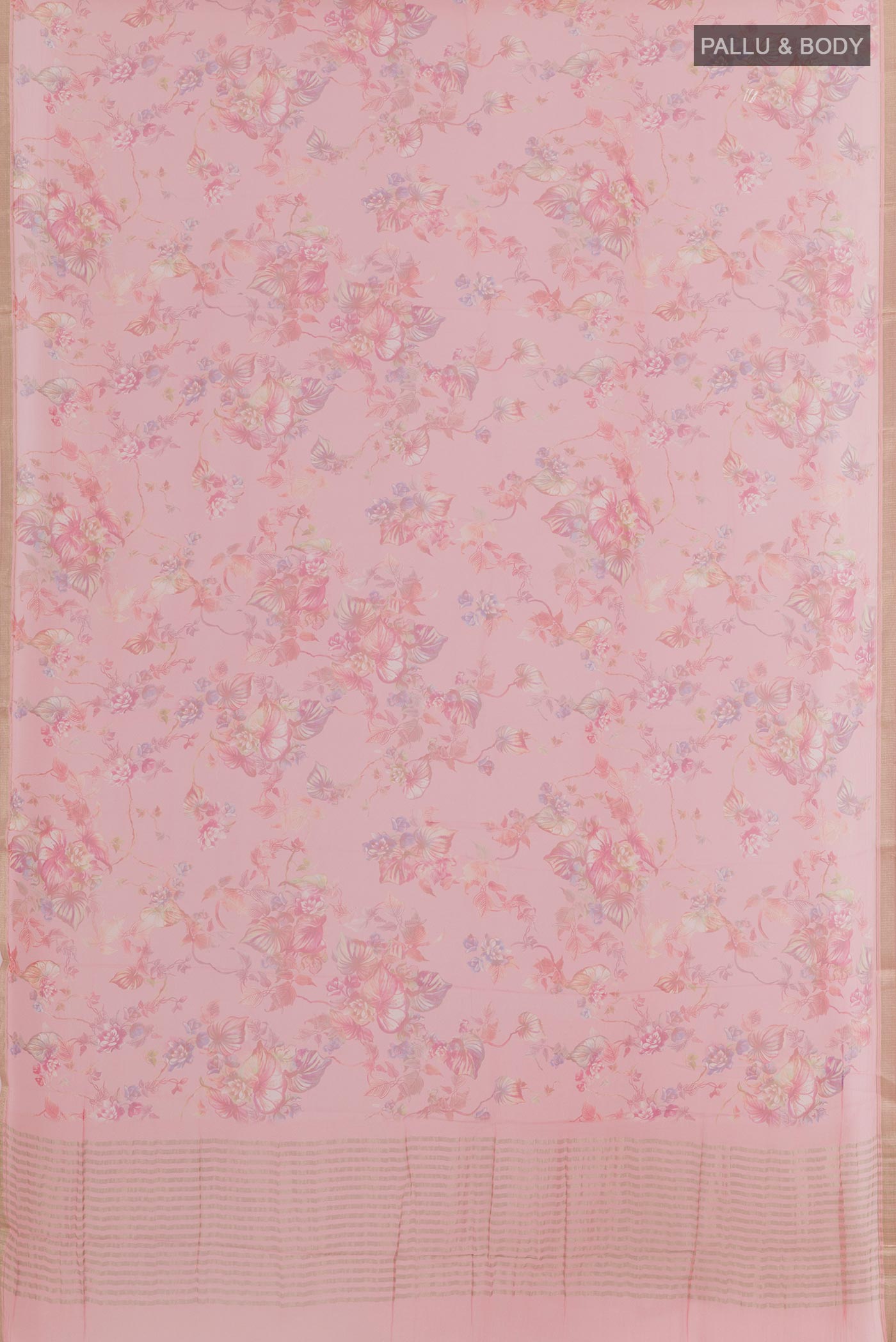 Flat view of Pink Chiffon Saree with Printed design on the body and Zari Border. 