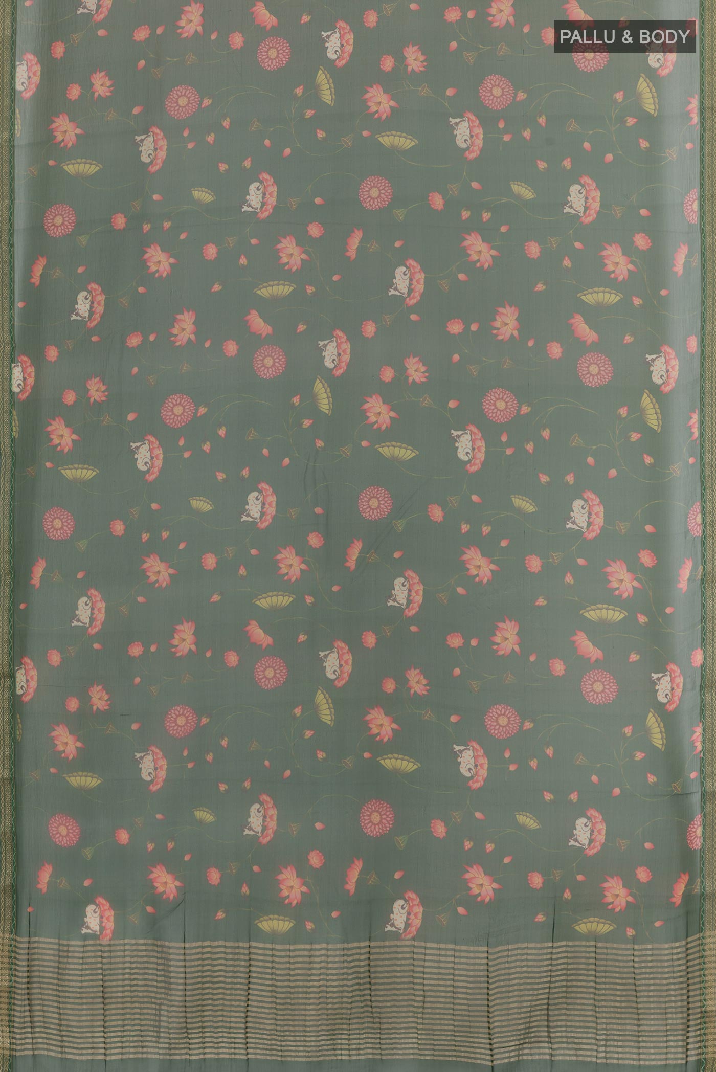 Flat view of Green Mysore Chiffon Saree with Printed design on the body and Zari Border. 