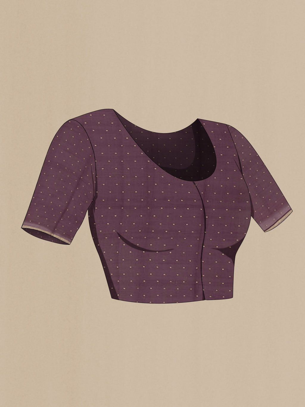 Close up image of the blouse of Purple Mysore Chiffon Saree with Printed design on the body and Zari Border. 