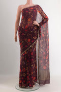 Purple Mysore Chiffon Saree with Printed design on the body and Zari Border.  displayed on a mannequin