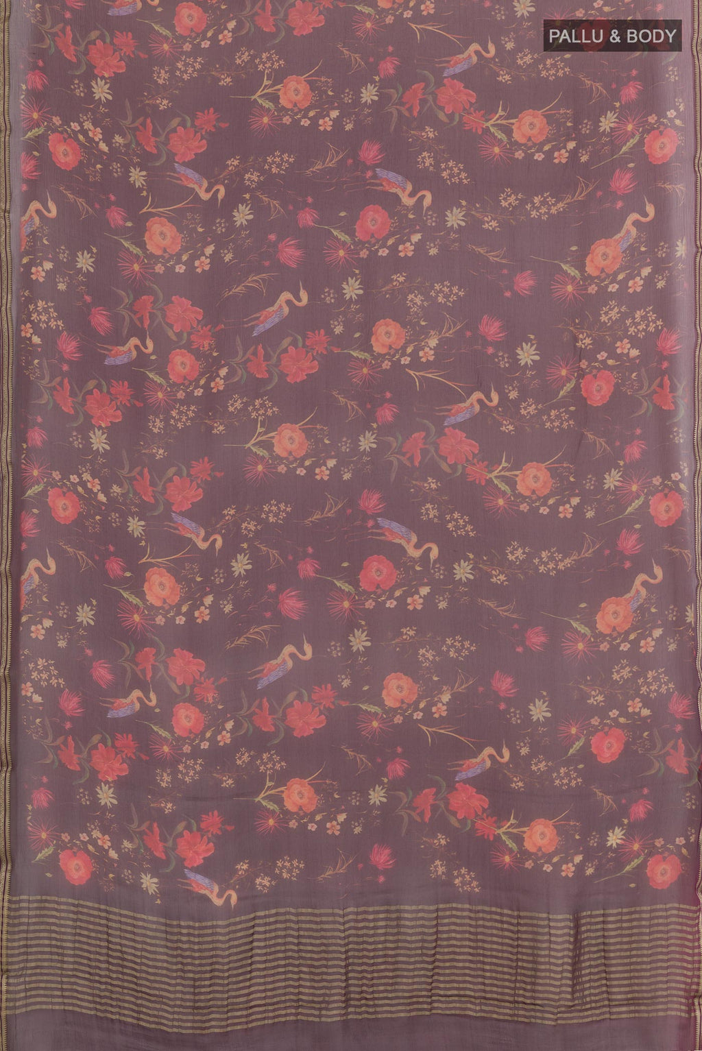 Flat view of Purple Mysore Chiffon Saree with Printed design on the body and Zari Border. 
