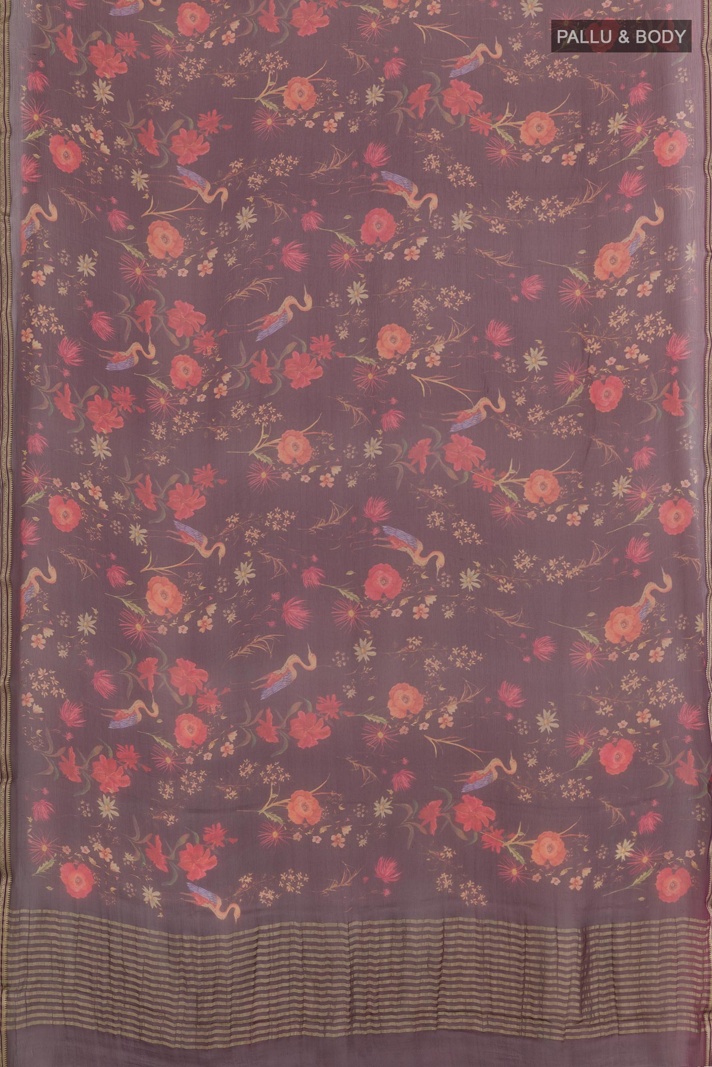 Flat view of Purple Mysore Chiffon Saree with Printed design on the body and Zari Border. 