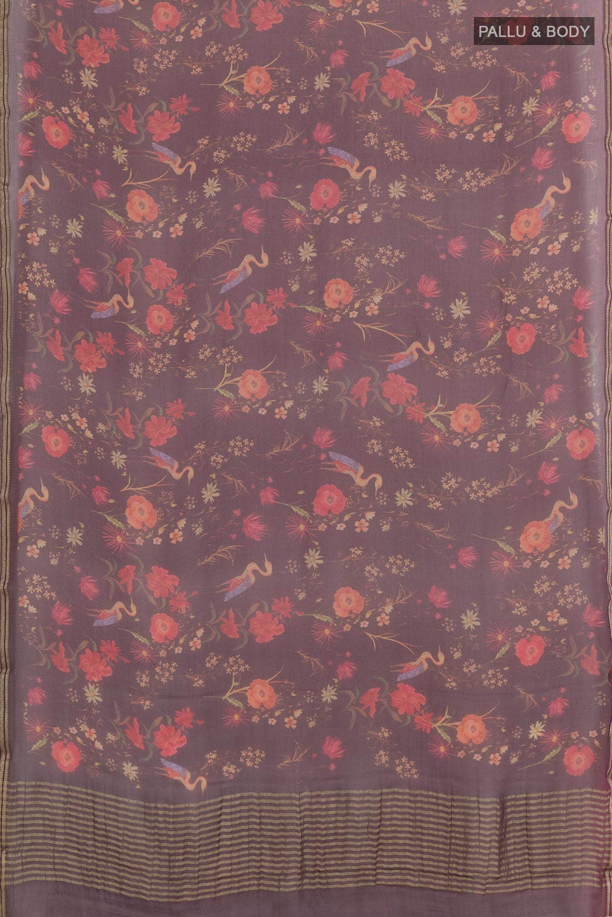 Flat view of Purple Mysore Chiffon Saree with Printed design on the body and Zari Border. 