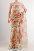 Off White Mysore Chiffon Saree with Printed design on the body and Zari Border.  displayed on a mannequin
