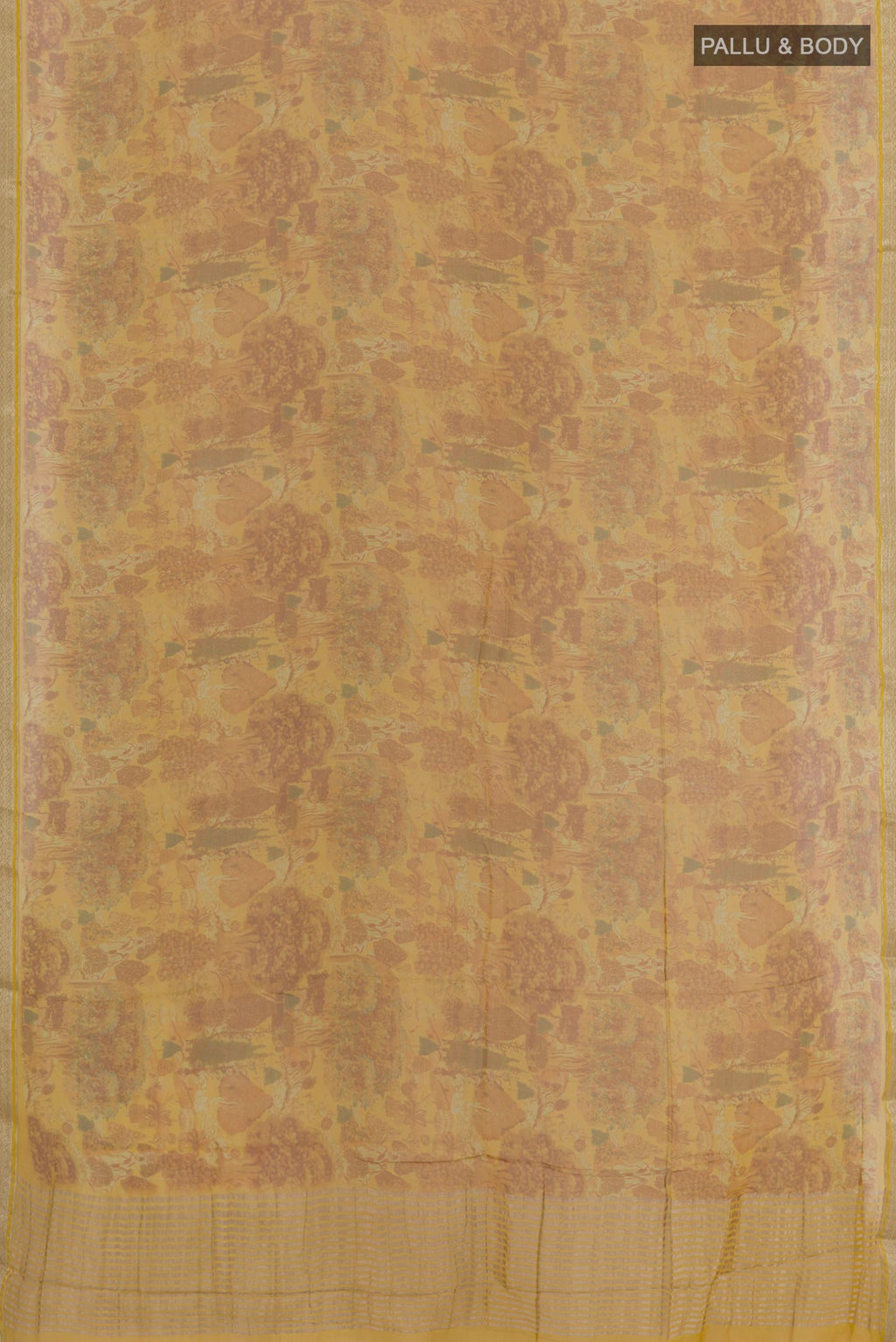 Flat view of Yellow Chiffon Saree with Printed design on the body and Zari Border. 