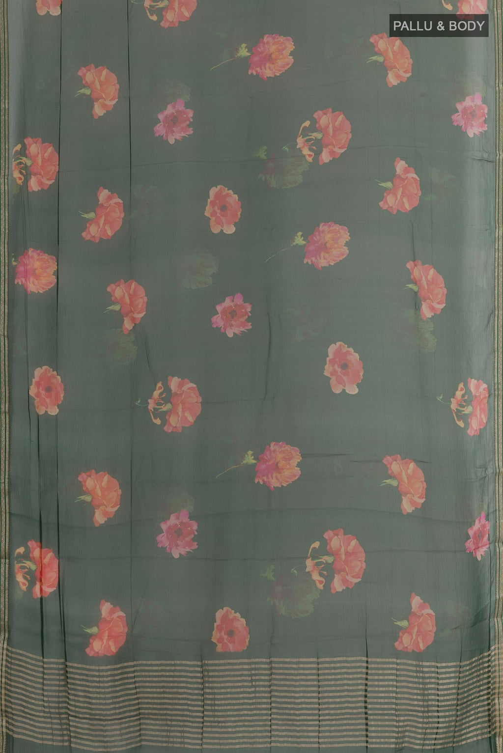 Flat view of Green Chiffon Saree with Printed design on the body and Zari Border. 