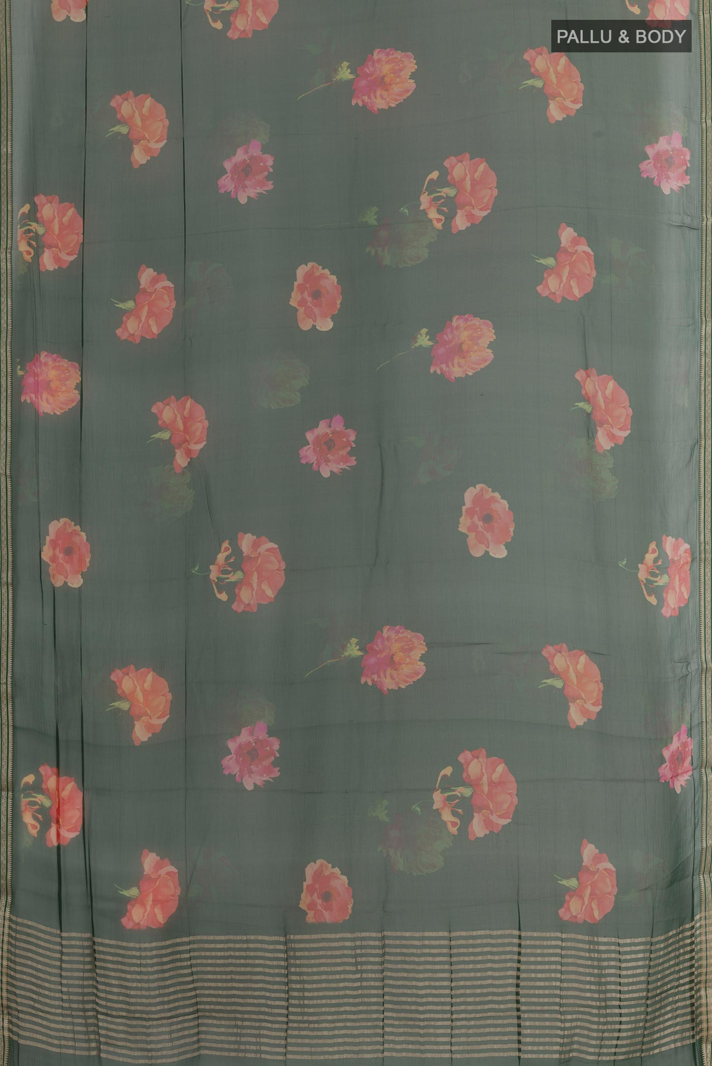 Flat view of Green Chiffon Saree with Printed design on the body and Zari Border. 