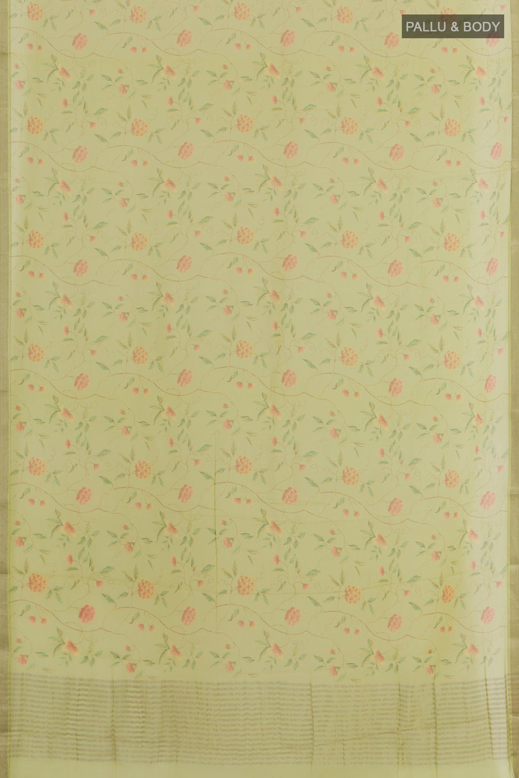 Flat view of Green Chiffon Saree with Printed design on the body and Zari Border. 