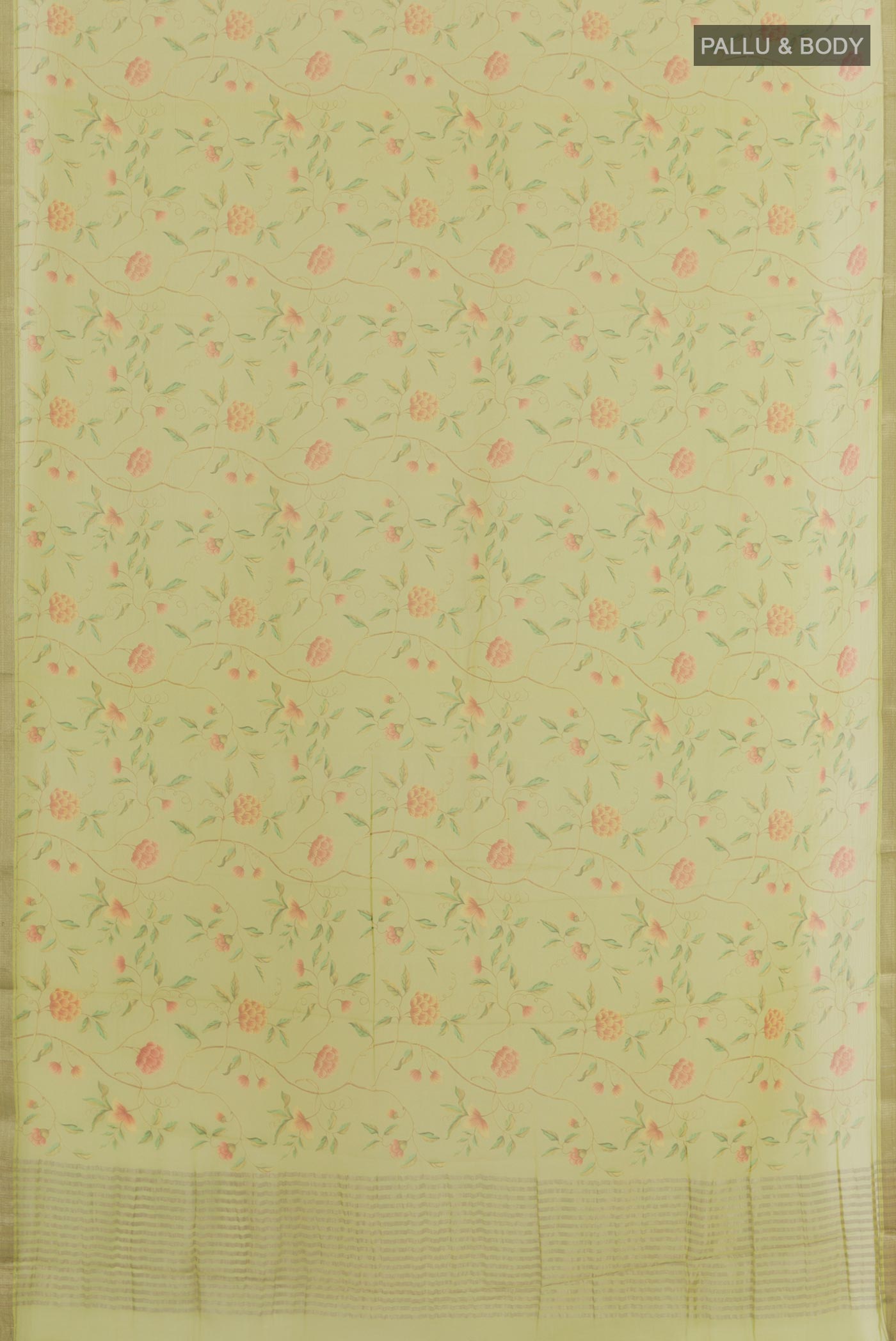 Flat view of Green Chiffon Saree with Printed design on the body and Zari Border. 