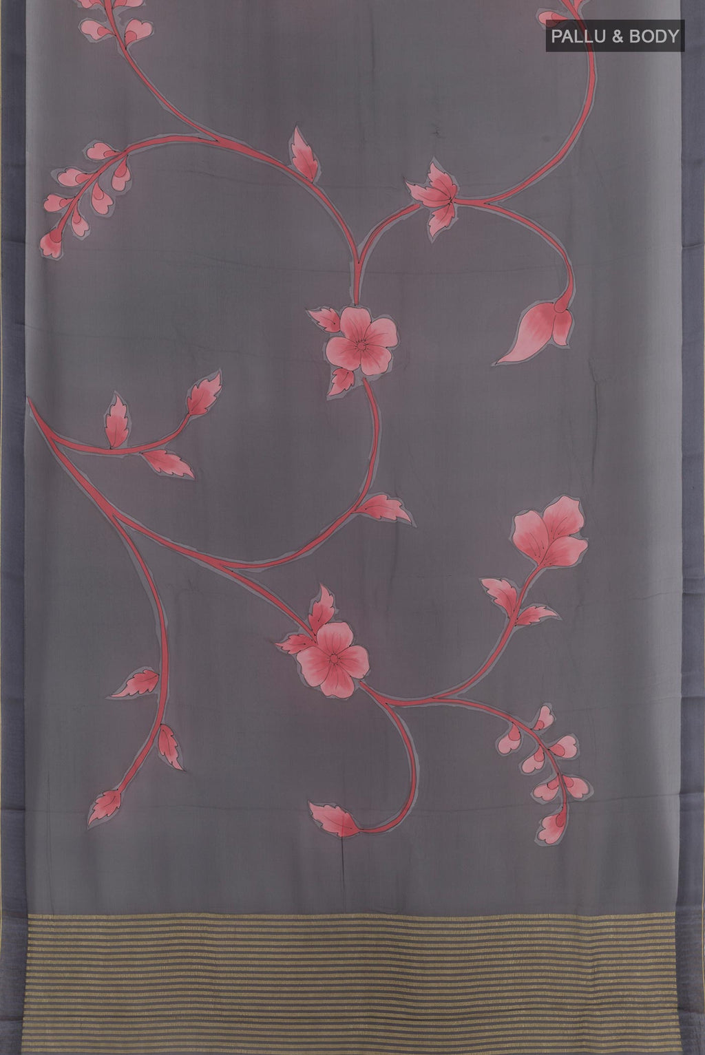 Flat view of Grey Chiffon Saree with Printed design on the body and Zari Border. 