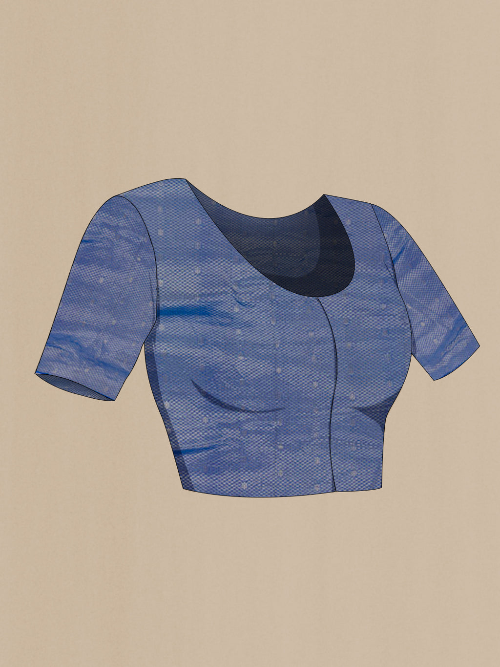 Close up image of the blouse of Blue Chiffon Saree with Stripes on the body and Zari Border. 