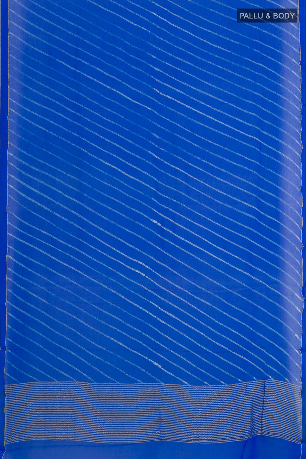 Flat view of Blue Chiffon Saree with Stripes on the body and Zari Border. 
