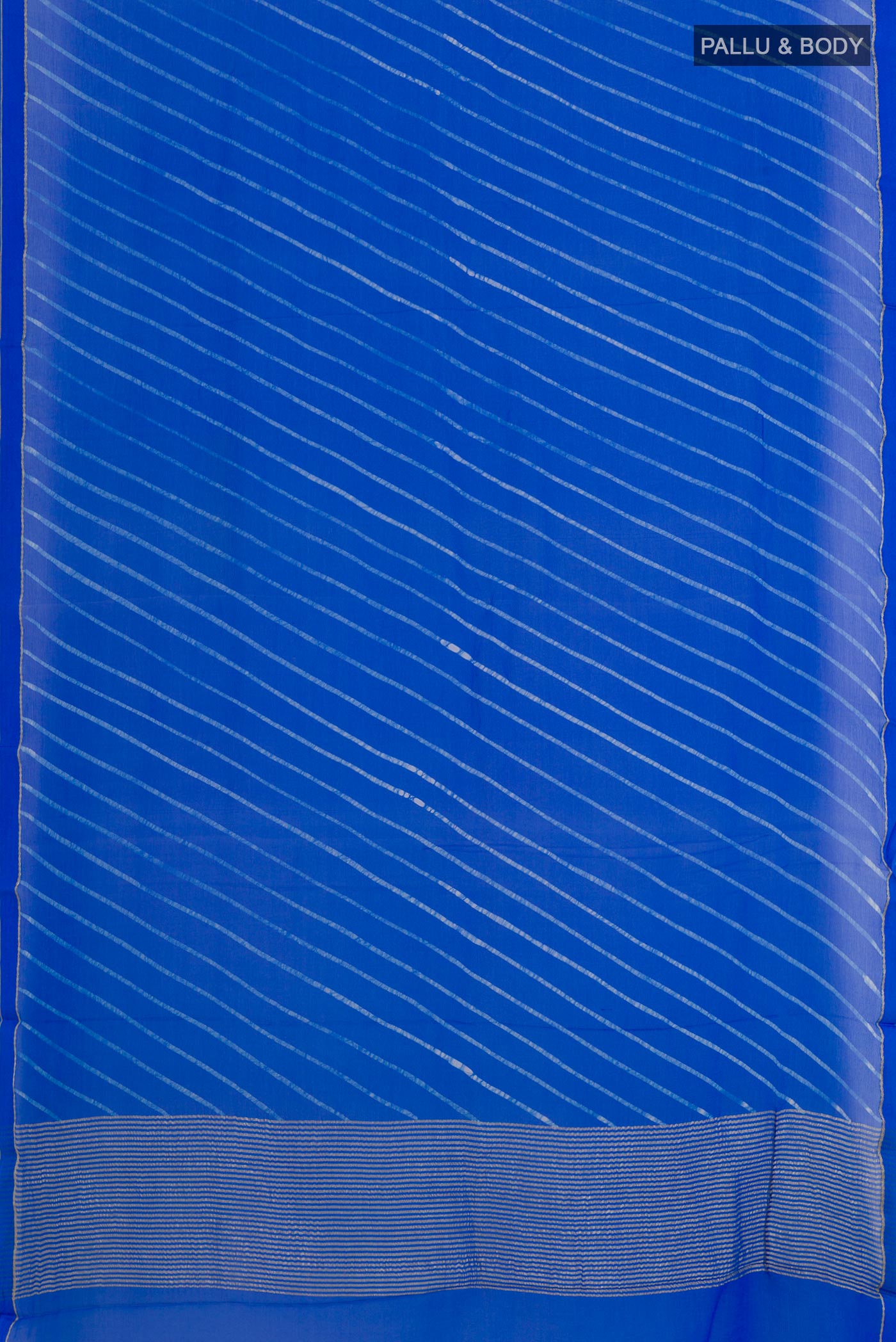 Flat view of Blue Chiffon Saree with Stripes on the body and Zari Border. 