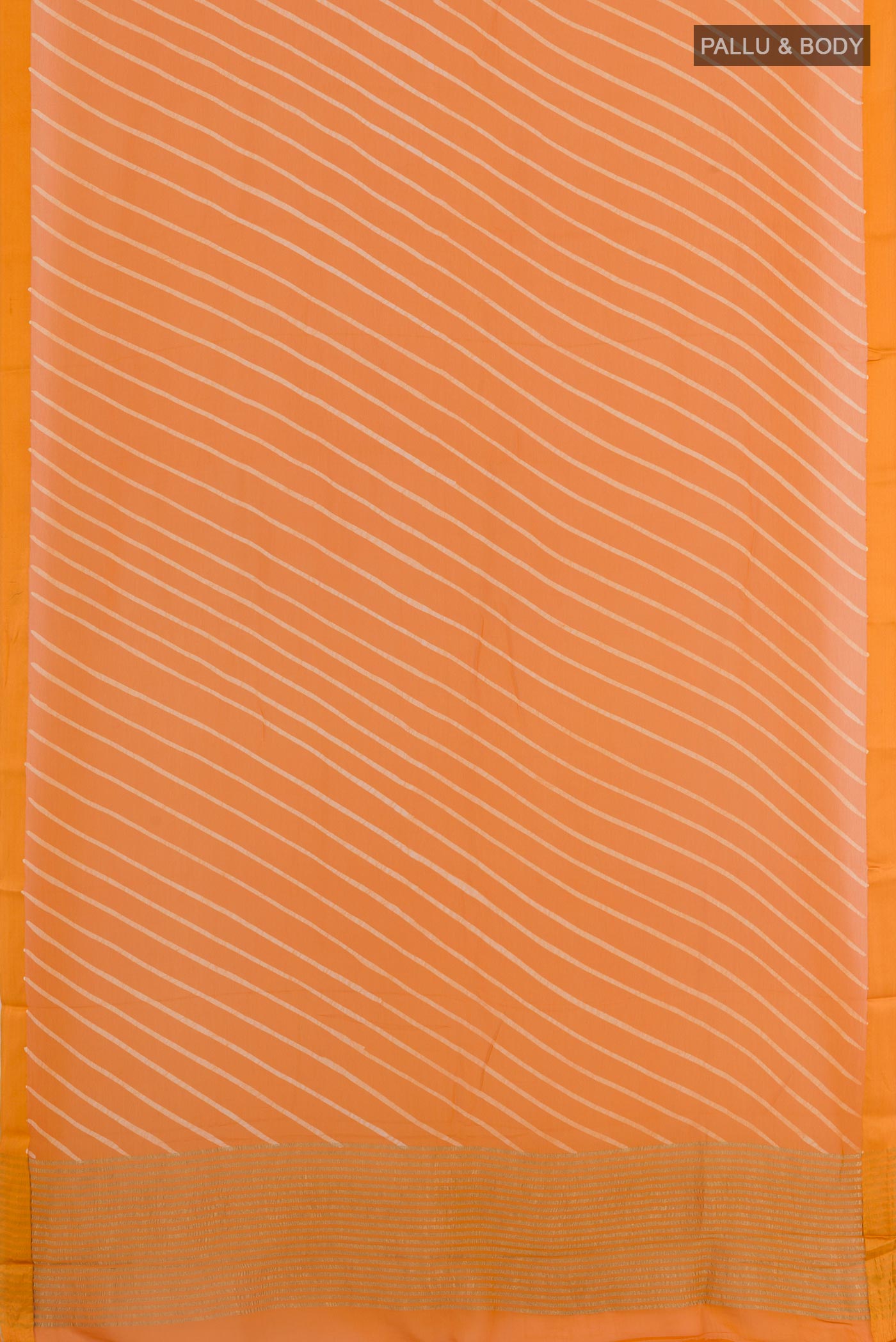Flat view of Orange Chiffon Saree with Stripes on the body and Zari Border. 