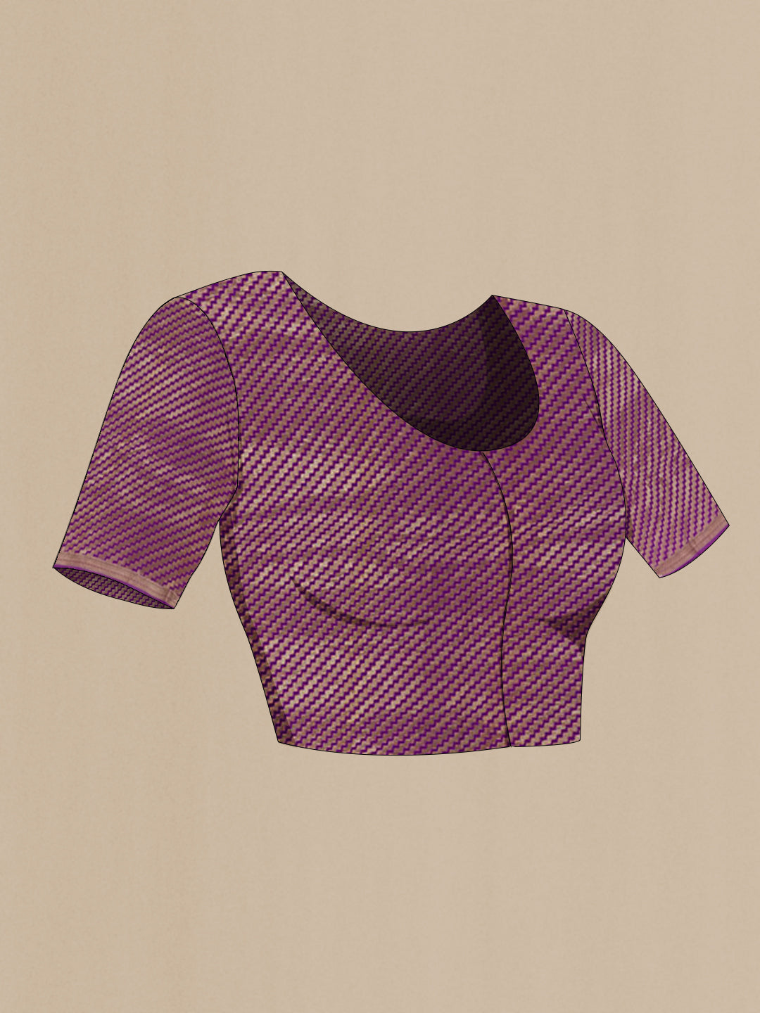 Close up image of the blouse of Purple Chiffon Saree with Stripes on the body and Zari Border. 